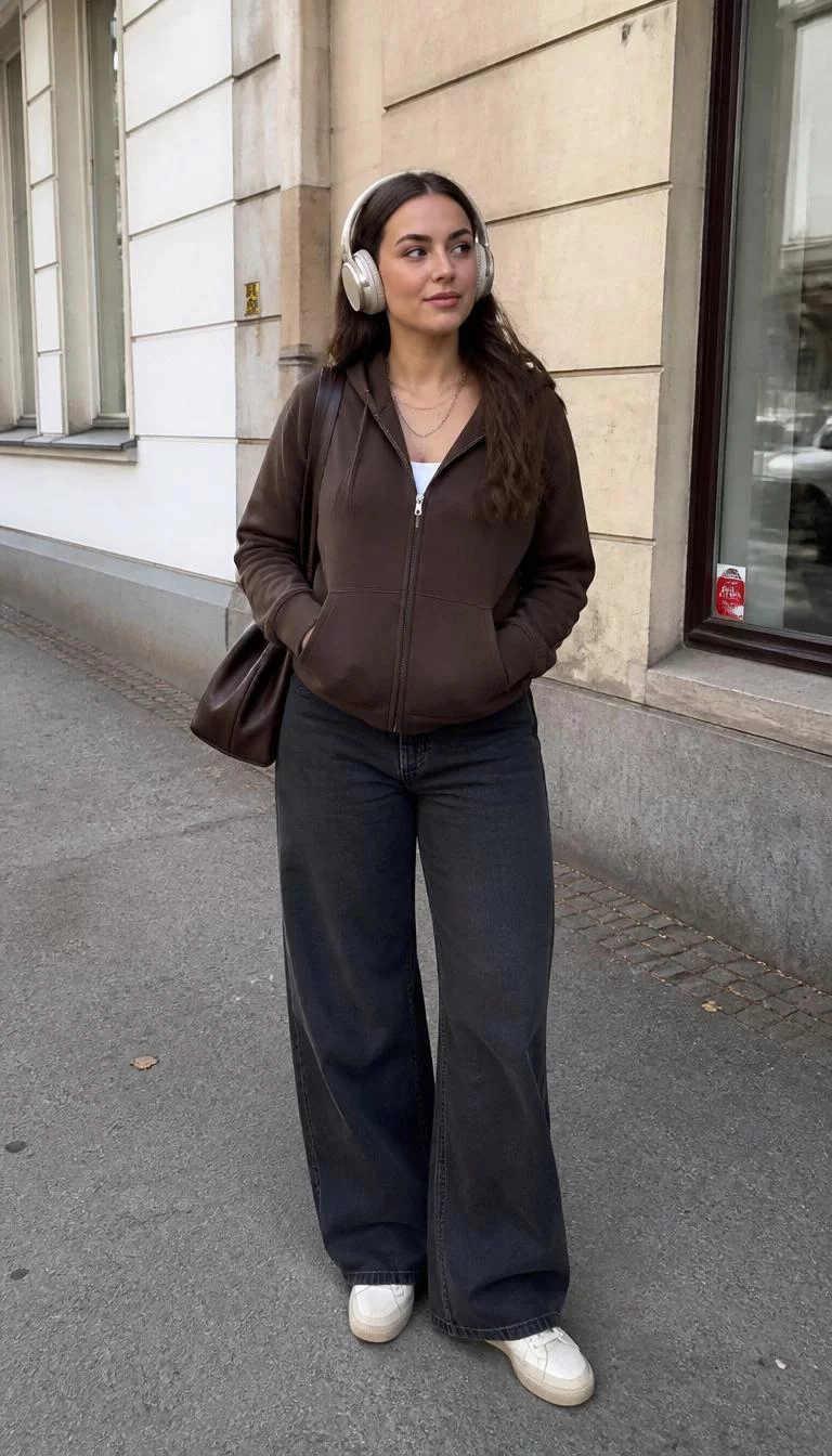 A photorealistic full body shot of a 31-year-old Northern European woman with a diamond face, fair, upturned nose, feathered eyebrows, and wide lips. Her face features small scar on the eyebrow, subtle acne marks, and subtle natural facial asymmetry. She has downturned brown eyes, soft cheekbones, closed-mouth smile, thoughtful. She is curvy build with [hair_color] [hairstyle] hair and is wearing a brown zip-up hoodie over a white top, dark-wash wide-leg jeans, cream-colored headphones, a large hobo bag, and off-white sneakers, casual setting, no people in the background, high-quality mobile photography, shot on an iPhone 14.