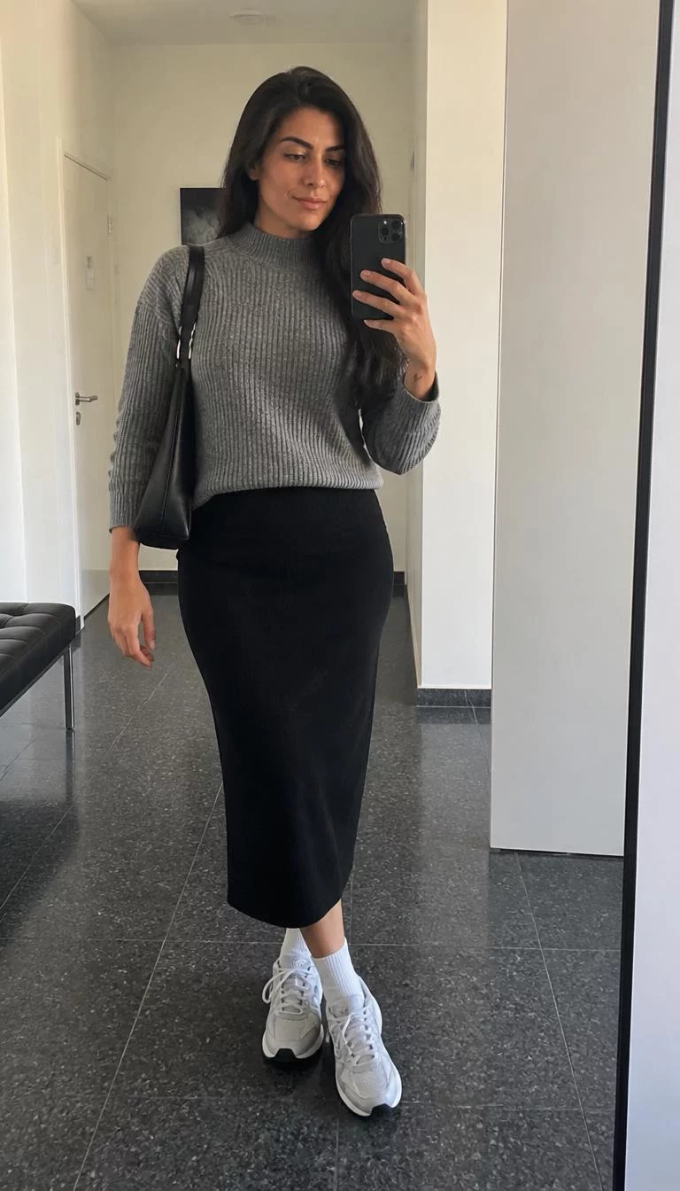 Gray Ribbed Sweater and Black Pencil Skirt A photorealistic full body shot of a 39-year-old Middle Eastern woman with a square face, tan, rounded nose, feathered eyebrows, and full lips. Her face features small scar on the eyebrow, light freckles, and subtle natural facial asymmetry. She has upturned amber eyes, high cheekbones, subtle smile, confident. She is athletic build with long dark hair and is wearing a gray ribbed knitted sweater, a simple black midi pencil skirt, white socks, sneakers, and a black bag, posing in a mirror, no people in the background, high-quality mobile photography, shot on an iPhone 14.