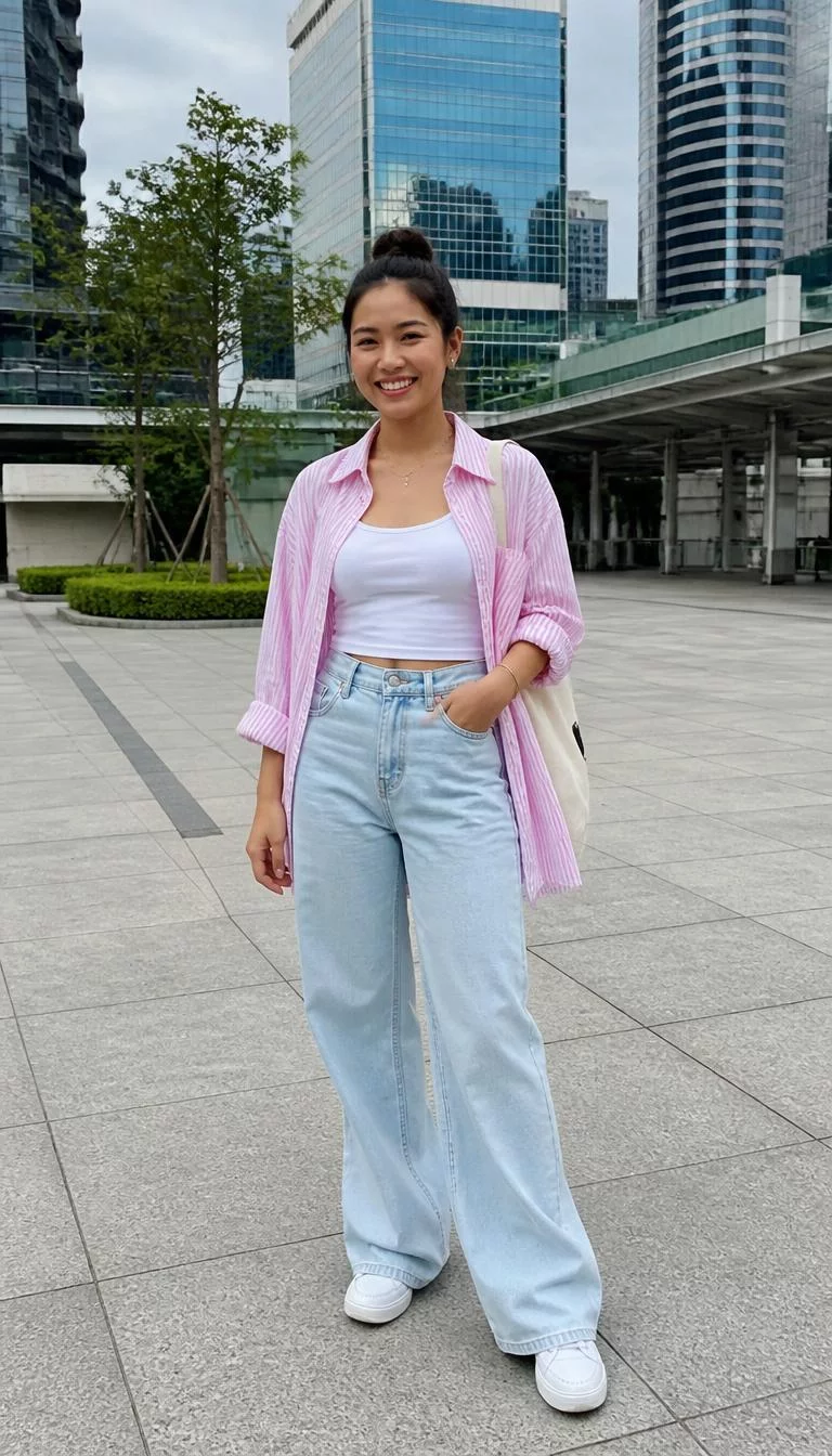 Striped Button Down and Light Wash Jeans A photorealistic full body shot of a 28-year-old Southeast Asian woman with a pear-shaped face, light, rounded nose, straight eyebrows, and wide lips. Her face features slightly crooked smile, a few laugh lines, and subtle natural facial asymmetry. She has monolid brown eyes, high cheekbones, broad smile, cheerful. She is slim with hair in a high bun and is wearing a white tank top under an open pink striped button-down shirt, pairing them with light-wash wide-leg jeans and white sneakers, city setting, no people in the background, high-quality mobile photography, shot on an iPhone 14.