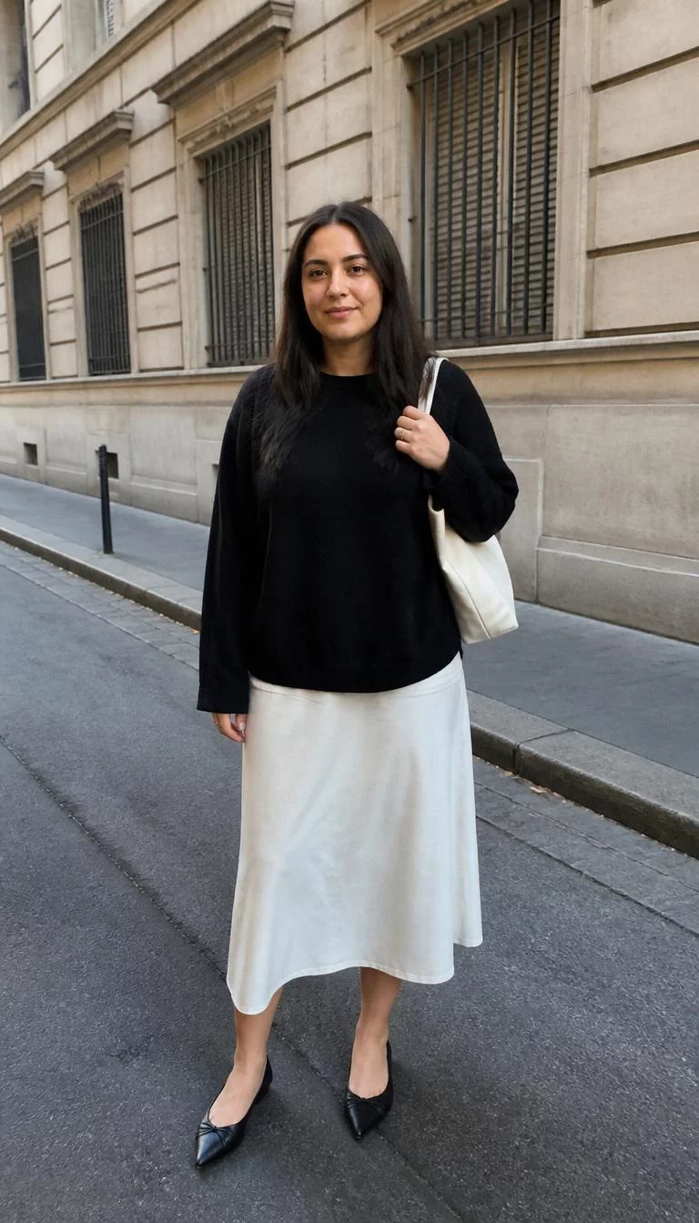 Oversized Black Top and White Midi Skirt A photorealistic full body shot of a 31-year-old Mixed-race woman with a round face, fair, button nose, thick natural eyebrows, and thin lips. Her face features gap between front teeth, subtle acne marks, and subtle natural facial asymmetry. She has round blue eyes, soft cheekbones, closed-mouth smile, thoughtful. She is average build with long dark hair and is wearing a black long-sleeve oversized top, a white midi skirt, a white tote, and black pointed-toe flat shoes, city street, no people in the background, high-quality mobile photography, shot on an iPhone 14.