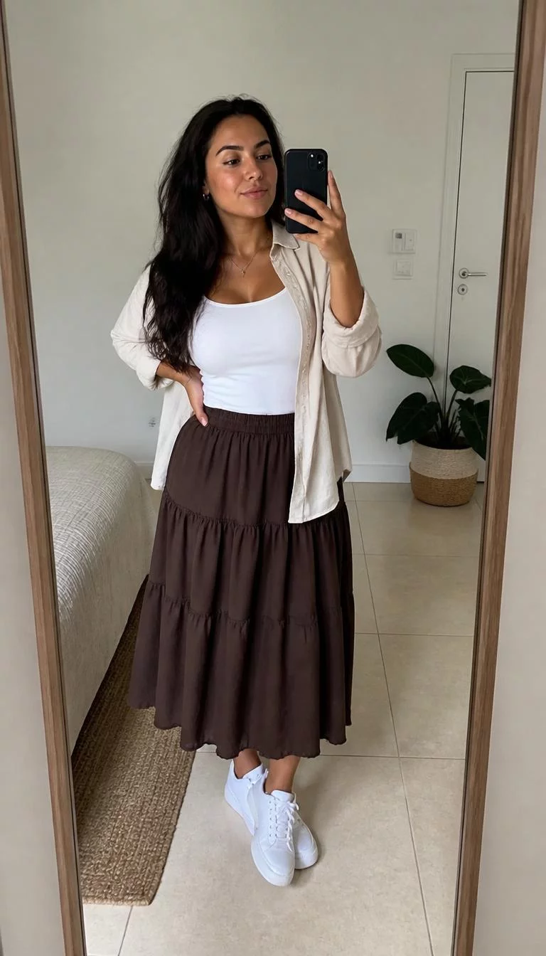 Beige Button Down and Brown Tiered Skirt A photorealistic full body shot of a 26-year-old Southern European woman with a pear-shaped face, tan, rounded nose, softly curved eyebrows, and heart-shaped lips. Her face features dimples, slightly flushed cheeks, and subtle natural facial asymmetry. She has upturned brown eyes, soft cheekbones, neutral expression, confident. She is curvy build with long dark hair and is wearing a white tank under a light beige button-down shirt, a long brown tiered midi skirt, and clean white sneakers, posing in a mirror, no people in the background, high-quality mobile photography, shot on an iPhone 14.