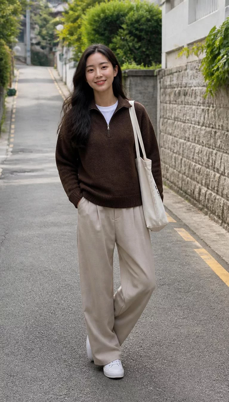 Brown Quarter Zip and Beige Trousers A photorealistic full body shot of a 26-year-old East Asian woman with a oval face, fair, straight nose, softly curved eyebrows, and heart-shaped lips. Her face features widow's peak hairline, slightly flushed cheeks, and subtle natural facial asymmetry. She has round amber eyes, soft cheekbones, broad smile, confident. She is average build with long dark wavy hair and is wearing a brown quarter-zip sweater over a white tee, beige wide-leg trousers, and a white tote bag, outdoors, no people in the background, high-quality mobile photography, shot on an iPhone 14.