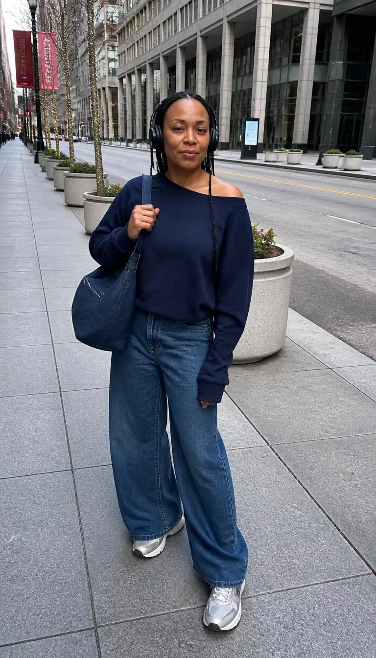 Navy Off Shoulder Sweatshirt and Wide Leg Jeans A photorealistic full body shot of a 45-year-old Black African woman with a pear-shaped face, fair, upturned nose, feathered eyebrows, and full lips. Her face features slightly crooked smile, visible pores, and subtle natural facial asymmetry. She has deep-set hazel eyes, high cheekbones, closed-mouth smile, confident. She is average build with dark centered-parted braided hair and is wearing a navy off-the-shoulder sweatshirt, blue wide-leg jeans, black headphones, a navy blue hobo bag, and chunky silver-white sneakers, city street, no people in the background, high-quality mobile photography, shot on an iPhone 14.