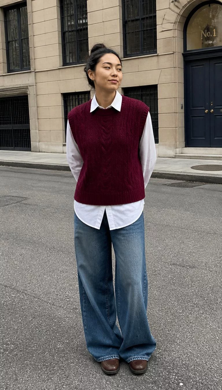 Red Cable Knit Vest and Baggy Blue Jeans A photorealistic full body shot of a 30-year-old South Asian woman with a round face, golden brown, aquiline nose, straight eyebrows, and heart-shaped lips. Her face features beauty mark near the lip, subtle acne marks, and subtle natural facial asymmetry. She has monolid brown eyes, soft cheekbones, subtle smile, thoughtful. She is slim with dark hair in a messy bun and is wearing a white collared shirt under a dark red cable-knit sweater vest and wide-leg baggy blue jeans, city street, no people in the background, high-quality mobile photography, shot on an iPhone 14.