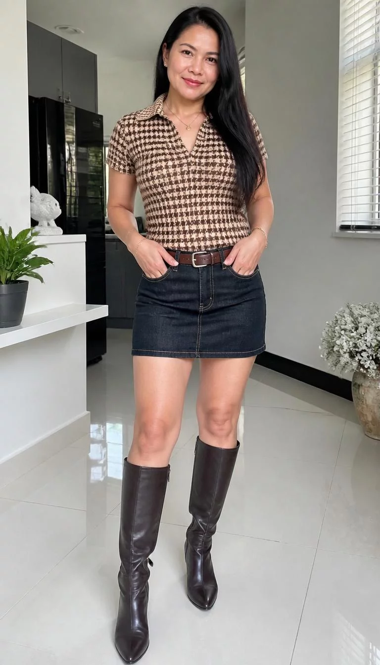 Houndstooth Top and Dark Denim Miniskirt A photorealistic full body shot of a 44-year-old Southeast Asian woman with a pear-shaped face, olive, upturned nose, straight eyebrows, and wide lips. Her face features gap between front teeth, slightly flushed cheeks, and subtle natural facial asymmetry. She has round blue eyes, soft cheekbones, closed-mouth smile, confident. She is petite with long black hair and is wearing a brown houndstooth short-sleeved collar top, a dark denim miniskirt, a brown leather belt, and dark brown knee-high boots, bright room, no people in the background, high-quality mobile photography, shot on an iPhone 14.