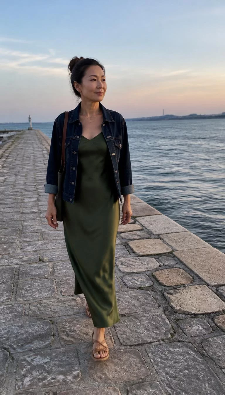 Green Silk Look Slip Dress and Denim Jacket A photorealistic full body shot of a 48-year-old East Asian woman with a heart-shaped face, dark brown, aquiline nose, straight eyebrows, and heart-shaped lips. Her face features gap between front teeth, a few laugh lines, and subtle natural facial asymmetry. She has upturned dark brown eyes, pronounced cheekbones, closed-mouth smile, thoughtful. She is average build with brown hair in a bun hair and is wearing a green silk-look slip dress, a dark denim jacket, and a shoulder bag, walking along a stone pier near the water at dusk, no people in the background, high-quality mobile photography, shot on an iPhone 14.