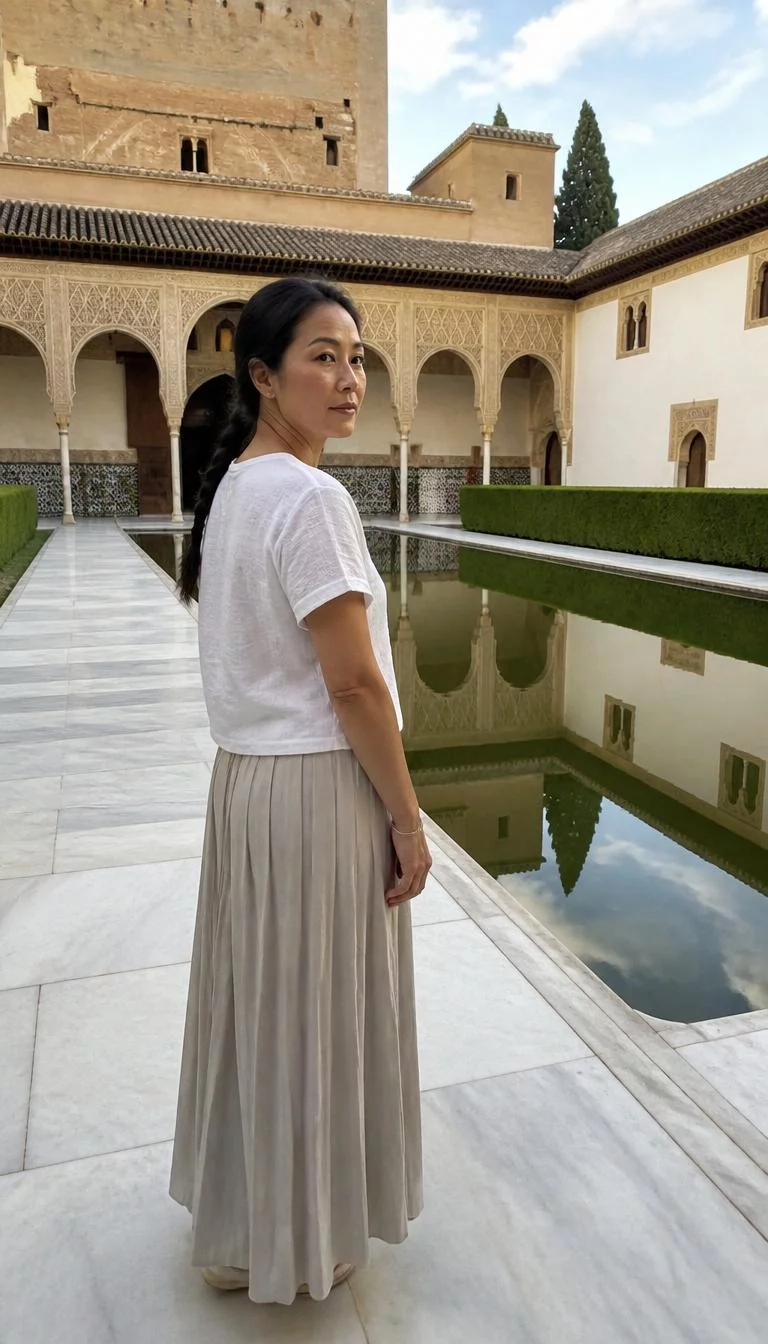 White Top and Long Pleated Skirt with a Braid A photorealistic full body shot of a 41-year-old East Asian woman with a diamond face, deep brown, broad nose, feathered eyebrows, and wide lips. Her face features faint freckles across the nose, faint under-eye shadows, and subtle natural facial asymmetry. She has hooded green eyes, high cheekbones, neutral expression, thoughtful. She is average build with a long braided ponytail hair and is wearing a short-sleeved white top and a long pleated skirt, facing a historic Moorish courtyard with a tranquil reflecting pool, no people in the background, high-quality mobile photography, shot on an iPhone 14.