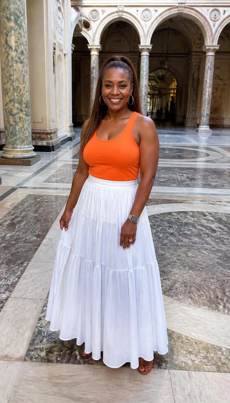 Orange Tank Top and Flowing White Tiered Skirt A photorealistic full body shot of a 48-year-old Black African woman with a heart-shaped face, fair, button nose, thick natural eyebrows, and wide lips. Her face features beauty mark near the lip, a few laugh lines, and subtle natural facial asymmetry. She has hooded gray eyes, high cheekbones, broad smile, confident. She is athletic build with long brown hair in a ponytail hair and is wearing an orange tank top and a flowing white tiered skirt, grand, arched courtyard with marble pillars, no people in the background, high-quality mobile photography, shot on an iPhone 14.