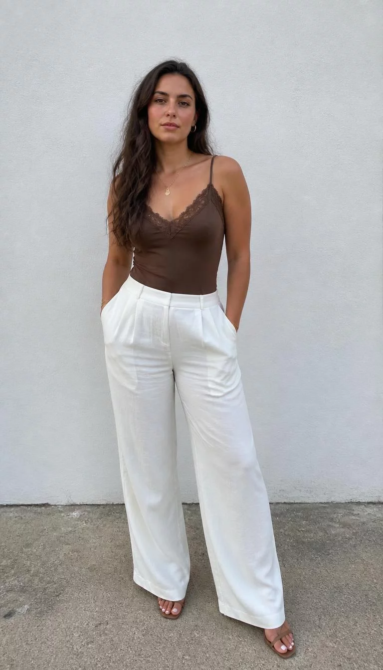 Brown Lace Trimmed Camisole and Loose White Trousers A photorealistic full body shot of a 24-year-old Mediterranean woman with a square face, dark brown, rounded nose, thick natural eyebrows, and thin lips. Her face features slightly crooked smile, slightly flushed cheeks, and subtle natural facial asymmetry. She has downturned brown eyes, pronounced cheekbones, neutral expression, confident. She is curvy build with long, wavy brown hair hair and is wearing a brown lace-trimmed camisole, white loose trousers, gold jewelry, and heeled sandals, in front of a white wall, no people in the background, high-quality mobile photography, shot on an iPhone 14.