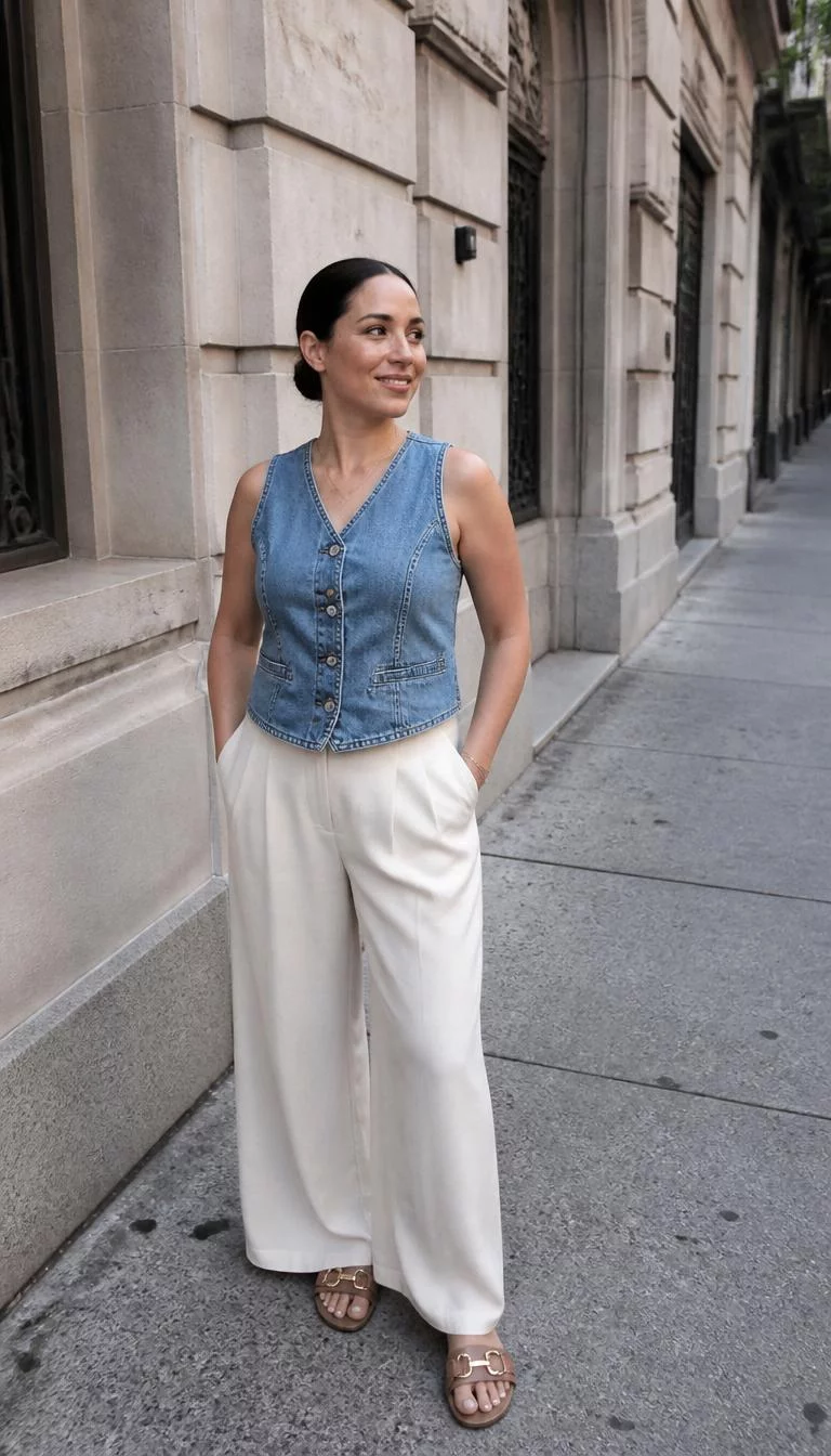 Denim Vest and Cream Wide Leg Trousers A photorealistic full body shot of a 37-year-old Latina woman with a oval face, fair, button nose, thin arched eyebrows, and full lips. Her face features gap between front teeth, light freckles, and subtle natural facial asymmetry. She has downturned blue eyes, soft cheekbones, neutral expression, cheerful. She is curvy build with dark brown hair in a low bun hair and is wearing a denim vest, cream wide-leg trousers, and sandals, a city sidewalk next to a stone building, no people in the background, high-quality mobile photography, shot on an iPhone 14.