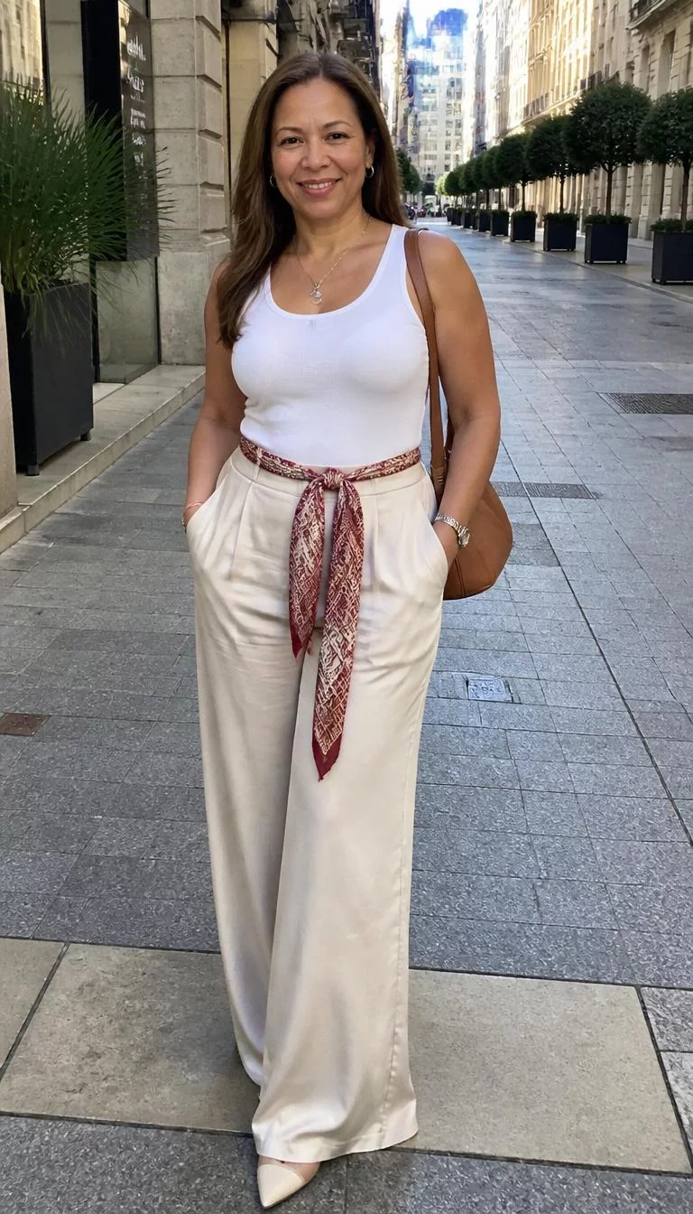 White Tank Top and Cream Wide Leg Trousers with Scarf A photorealistic full body shot of a 47-year-old Afro-Caribbean woman with a diamond face, fair, rounded nose, feathered eyebrows, and thin lips. Her face features slightly crooked smile, slightly flushed cheeks, and subtle natural facial asymmetry. She has round blue eyes, rounded cheeks, broad smile, relaxed. She is curvy build with long, straight brown hair and is wearing a white tank top, cream wide-leg trousers with a tied red-patterned scarf at the waist, and a brown bag, a city area, no people in the background, high-quality mobile photography, shot on an iPhone 14.