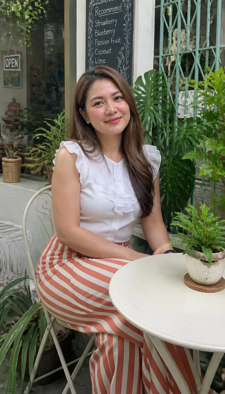 White Ruffled Cap Sleeve Top and Striped Orange Trousers A photorealistic full body shot of a 37-year-old Southeast Asian woman with a square face, fair, upturned nose, feathered eyebrows, and heart-shaped lips. Her face features uneven eyebrows, slightly flushed cheeks, and subtle natural facial asymmetry. She has upturned dark brown eyes, pronounced cheekbones, closed-mouth smile, relaxed. She is average build with long, light-brown hair hair and is wearing a white ruffled cap-sleeve top and striped, muted-orange trousers, at a small bistro table surrounded by various green plants, no people in the background, high-quality mobile photography, shot on an iPhone 14.