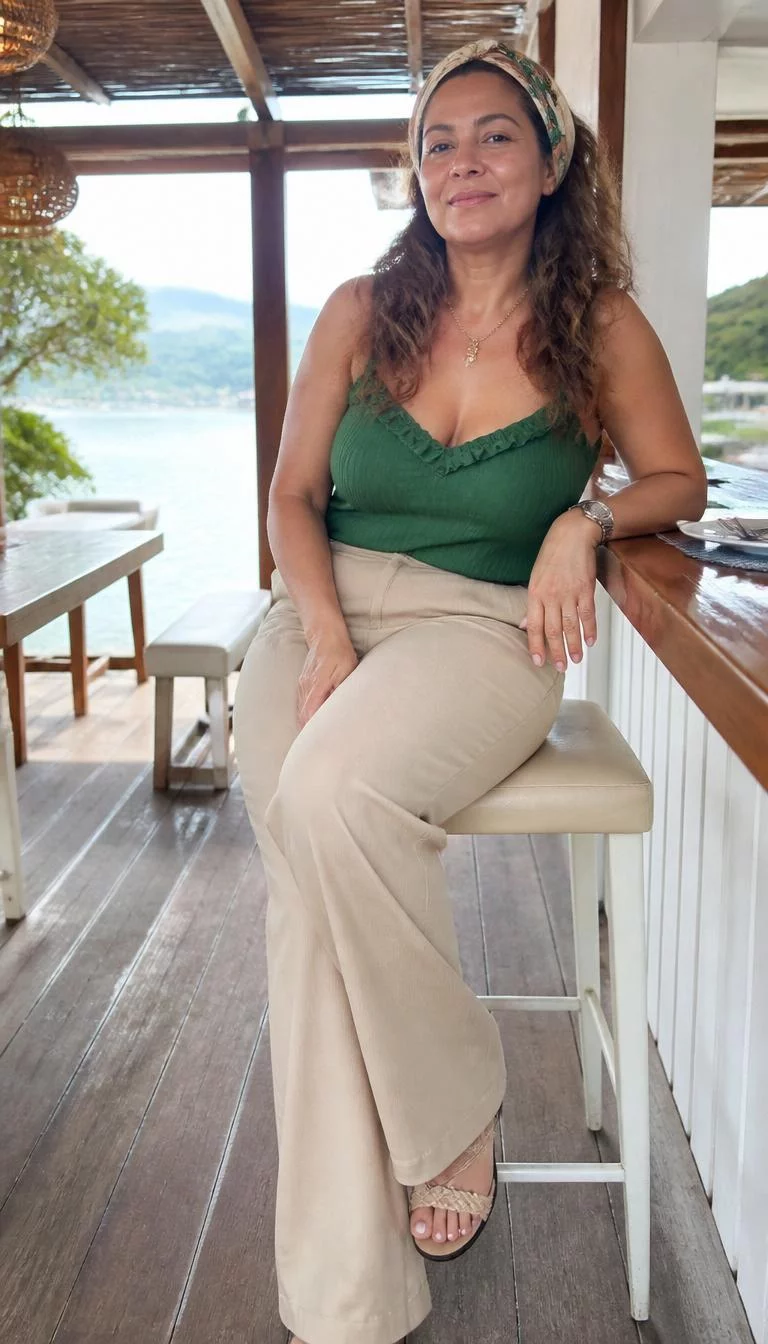 Green Ruffled Camisole and Beige Trousers A photorealistic full body shot of a 48-year-old Latina woman with a square face, light, broad nose, straight eyebrows, and heart-shaped lips. Her face features beauty mark near the lip, light freckles, and subtle natural facial asymmetry. She has monolid brown eyes, high cheekbones, closed-mouth smile, confident. She is curvy build with long wavy brown hair hair and is wearing a green ruffled camisole, beige trousers, and a scarf headpiece, lounging in a scenic waterfront cafe, no people in the background, high-quality mobile photography, shot on an iPhone 14.