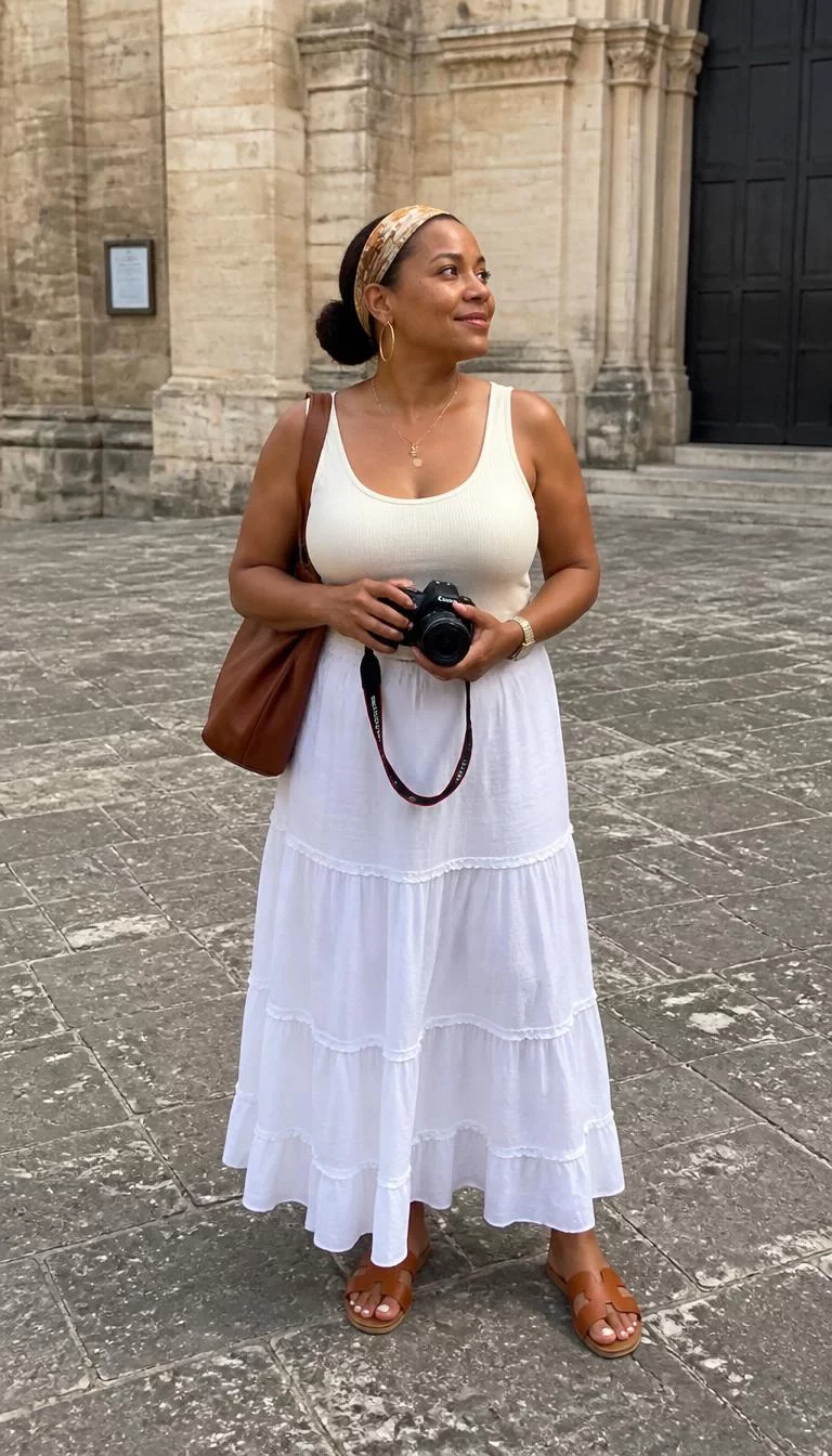 Cream Tank Top and White Tiered Skirt with a Camera A photorealistic full body shot of a 45-year-old Afro-Caribbean woman with a oval face, fair, upturned nose, feathered eyebrows, and full lips. Her face features faint freckles across the nose, a few laugh lines, and subtle natural facial asymmetry. She has hooded gray eyes, pronounced cheekbones, broad smile, thoughtful. She is curvy build with hair in a low bun and headscarf hair and is wearing a cream tank top, a white tiered skirt, a brown shoulder bag, and holds a camera, a stone plaza, no people in the background, high-quality mobile photography, shot on an iPhone 14.