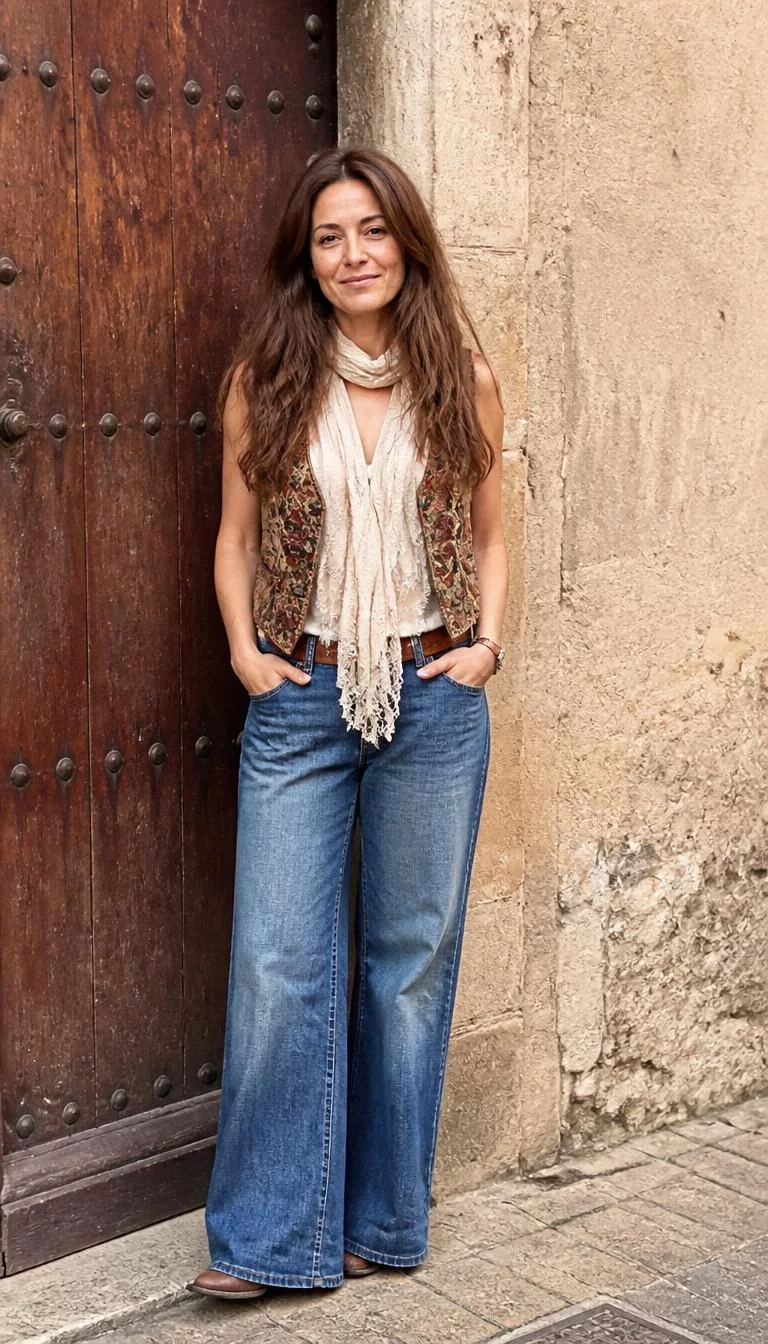 Patterned Bohemian Vest and Wide Leg Jeans A photorealistic full body shot of a 45-year-old Northern European woman with a heart-shaped face, golden brown, rounded nose, thin arched eyebrows, and thin lips. Her face features beauty mark near the lip, a few laugh lines, and subtle natural facial asymmetry. She has downturned gray eyes, rounded cheeks, neutral expression, cheerful. She is petite with long, voluminous brown hair and is wearing a patterned bohemian vest, wide-leg jeans, and a light-colored scarf, a textured wall with a large wooden door, no people in the background, high-quality mobile photography, shot on an iPhone 14.