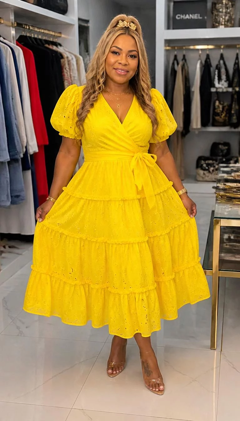 Vibrant Voluminous Yellow Dress A photorealistic full body shot of a 39-year-old Afro-Caribbean woman with a square face, light, broad nose, thick natural eyebrows, and full lips. Her face features widow's peak hairline, visible pores, and subtle natural facial asymmetry. She has hooded blue eyes, pronounced cheekbones, subtle smile, cheerful. She is petite with long, blonde, wavy hair and a hair claw hair and is wearing a vibrant, voluminous yellow dress, a boutique, no people in the background, high-quality mobile photography, shot on an iPhone 14.