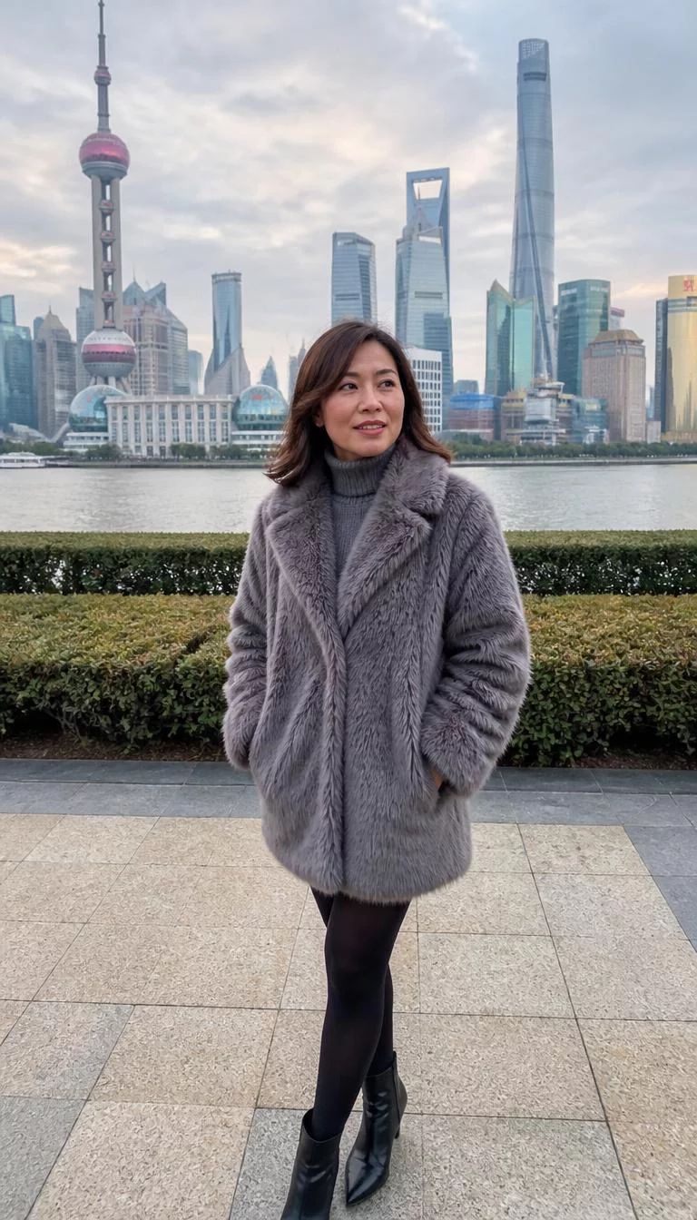 A photorealistic full body shot of a 38-year-old Southeast Asian woman with a oblong face, olive, upturned nose, feathered eyebrows, and full lips. Her face features gap between front teeth, a few laugh lines, and subtle natural facial asymmetry. She has round brown eyes, high cheekbones, subtle smile, thoughtful. She is average build with brown shoulder-length hair and is wearing a grey turtleneck, a grey faux-fur coat, and dark tights, posing in a park with the Shanghai skyline in the background, no people in the background, high-quality mobile photography, shot on an iPhone 14.