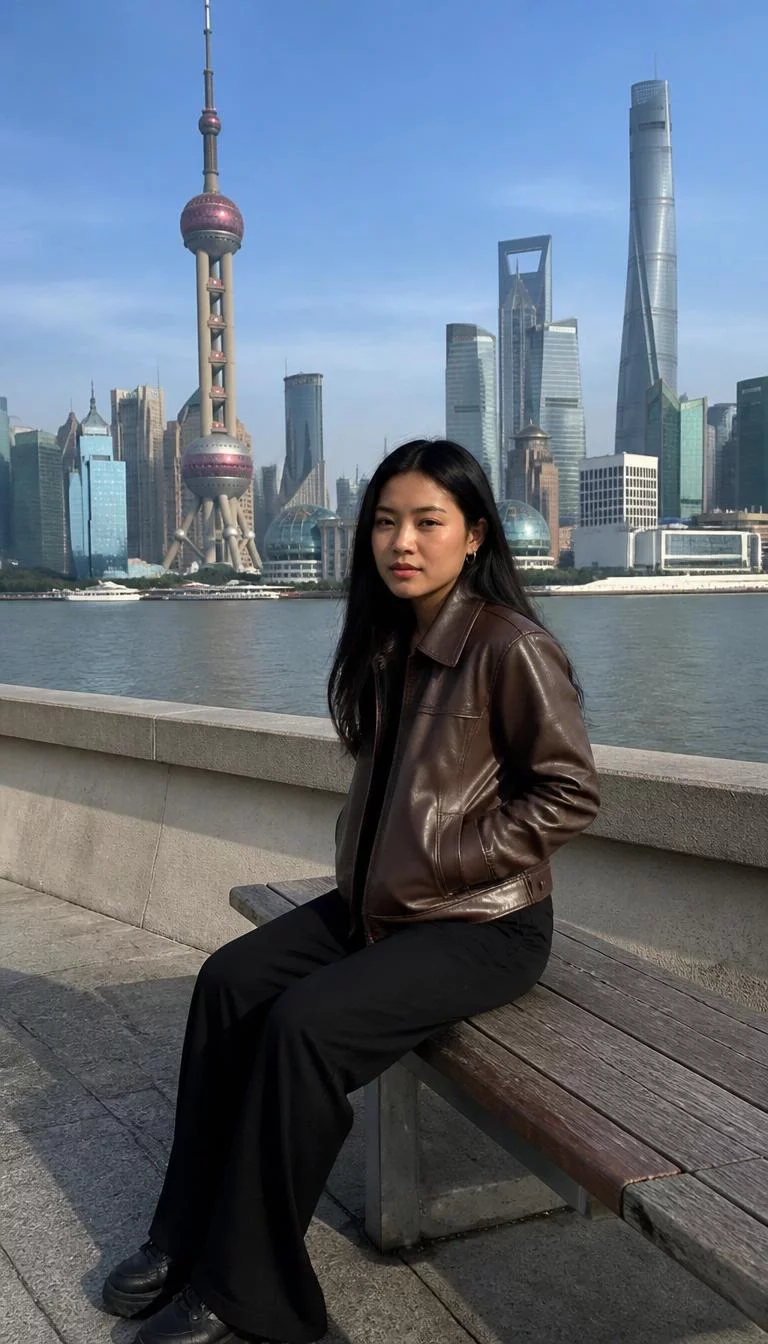 A photorealistic full body shot of a 26-year-old East Asian woman with a round face, deep brown, button nose, thin arched eyebrows, and thin lips. Her face features small scar on the eyebrow, visible pores, and subtle natural facial asymmetry. She has hooded dark brown eyes, high cheekbones, neutral expression, confident. She is athletic build with black long, straight hair and is wearing a brown leather jacket and black pants, sitting on a wooden bench along a river embankment with the Shanghai skyline behind her, no people in the background, high-quality mobile photography, shot on an iPhone 14.