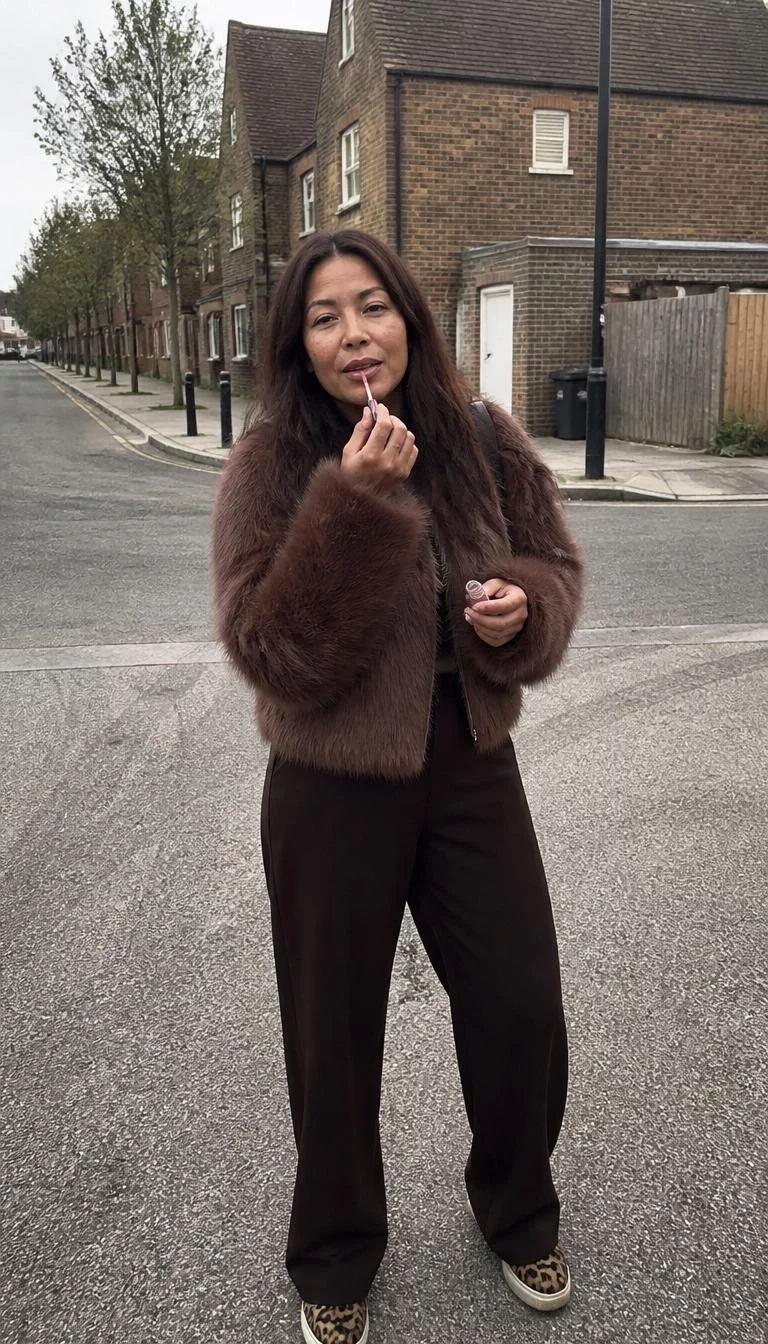 A photorealistic full body shot of a 48-year-old Mixed-race woman with a diamond face, olive, aquiline nose, softly curved eyebrows, and wide lips. Her face features uneven eyebrows, light freckles, and subtle natural facial asymmetry. She has upturned dark brown eyes, rounded cheeks, broad smile, thoughtful. She is average build with dark brown long hair and is wearing a fluffy brown faux-fur jacket, dark brown trousers, and leopard-print sneakers, applying lip product while standing on a suburban city street, no people in the background, high-quality mobile photography, shot on an iPhone 14.