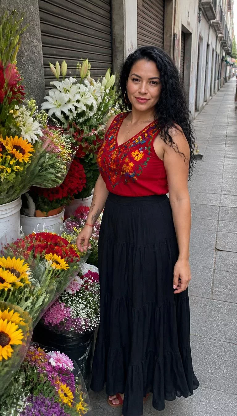 A photorealistic full body shot of a 32-year-old Latina woman with a diamond face, light, broad nose, thin arched eyebrows, and thin lips. Her face features small scar on the eyebrow, faint under-eye shadows, and subtle natural facial asymmetry. She has almond-shaped green eyes, soft cheekbones, subtle smile, cheerful. She is curvy build with black long, voluminous curls hair and is wearing a traditional red sleeveless top and a long black skirt, posing among many colorful flower bouquets on a city street, no people in the background, high-quality mobile photography, shot on an iPhone 14.