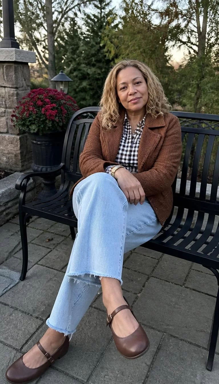 A photorealistic full body shot of a 42-year-old Mixed-race woman with a square face, dark brown, broad nose, softly curved eyebrows, and wide lips. Her face features uneven eyebrows, a few laugh lines, and subtle natural facial asymmetry. She has deep-set amber eyes, pronounced cheekbones, neutral expression, cheerful. She is curvy build with blonde loose waves hair and is wearing a brown textured jacket, gingham print shirt, light denim jeans, and brown Mary Jane shoes, sitting outside, no people in the background, high-quality mobile photography, shot on an iPhone 14.