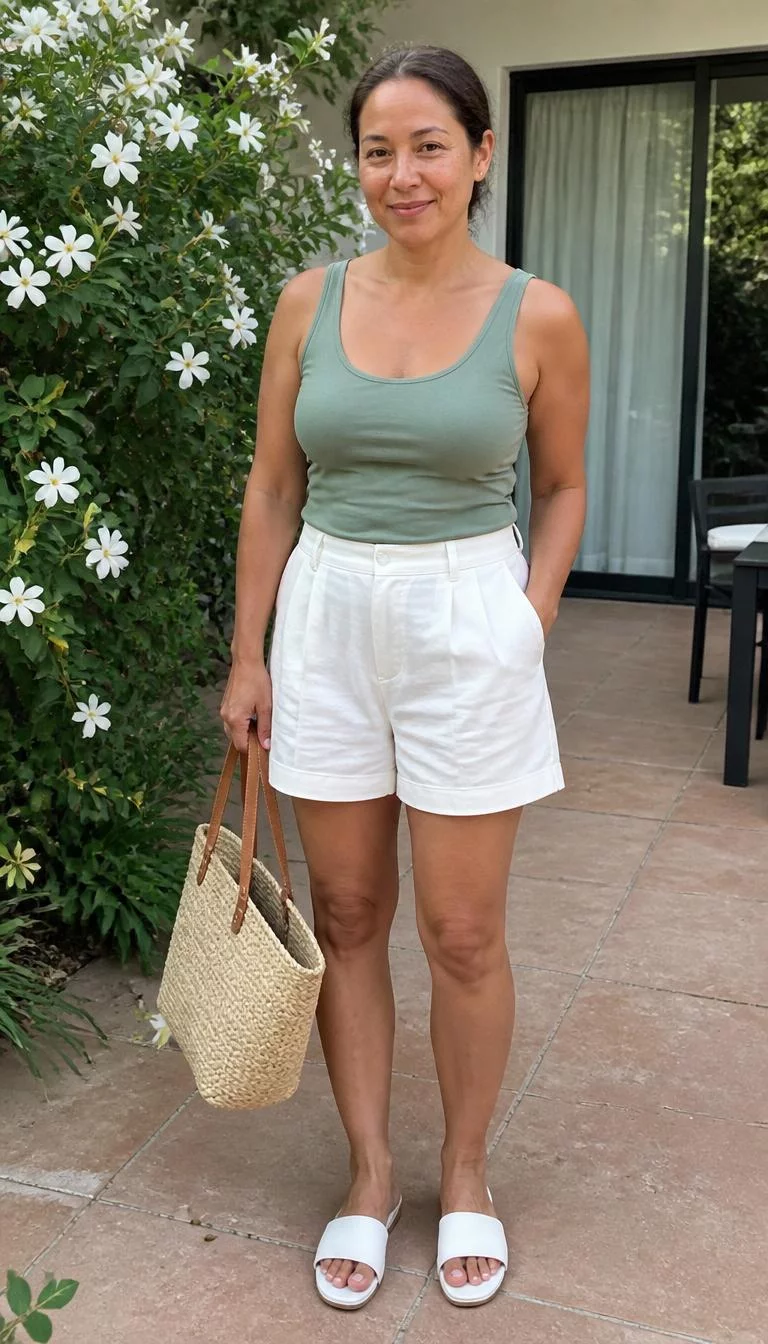 A photorealistic full body shot of a 43-year-old Mixed-race woman with a round face, olive, rounded nose, thick natural eyebrows, and thin lips. Her face features slightly crooked smile, slightly flushed cheeks, and subtle natural facial asymmetry. She has monolid green eyes, rounded cheeks, broad smile, relaxed. She is petite with brunette low bun hair and is wearing a sage green tank top, white tailored shorts, and white slides, holding a straw tote, patio near white flowers, no people in the background, high-quality mobile photography, shot on an iPhone 14.
