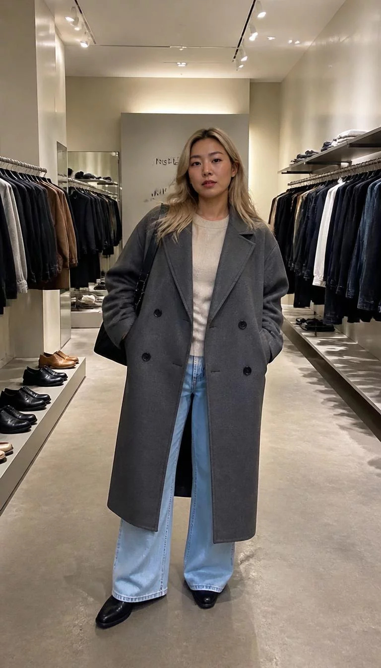A photorealistic full body shot of a 33-year-old East Asian woman with a square face, golden brown, broad nose, thin arched eyebrows, and heart-shaped lips. Her face features gap between front teeth, faint under-eye shadows, and subtle natural facial asymmetry. She has monolid brown eyes, soft cheekbones, neutral expression, confident. She is curvy build with blonde hair and is wearing a grey double-breasted coat over a sweater and light-wash jeans, carrying a black shoulder bag, modern retail store shopping environment, no people in the background, high-quality mobile photography, shot on an iPhone 14.