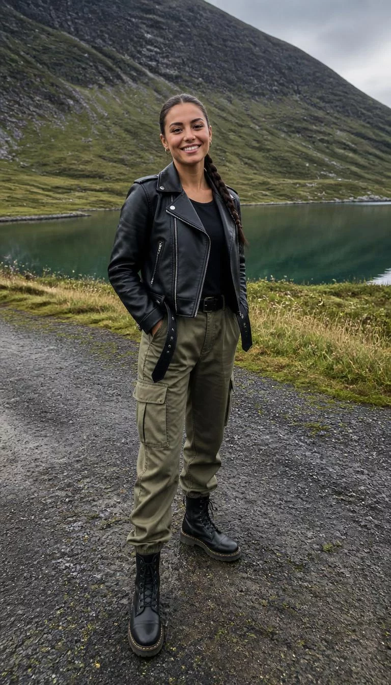 A photorealistic full body shot of a 30-year-old Northern European woman with a diamond face, tan, narrow nose, straight eyebrows, and wide lips. Her face features gap between front teeth, slightly flushed cheeks, and subtle natural facial asymmetry. She has round gray eyes, pronounced cheekbones, broad smile, confident. She is athletic build with braided dark hair hair and is wearing a black leather jacket, khaki cargo pants, and black boots, outdoors, no people in the background, high-quality mobile photography, shot on an iPhone 14.