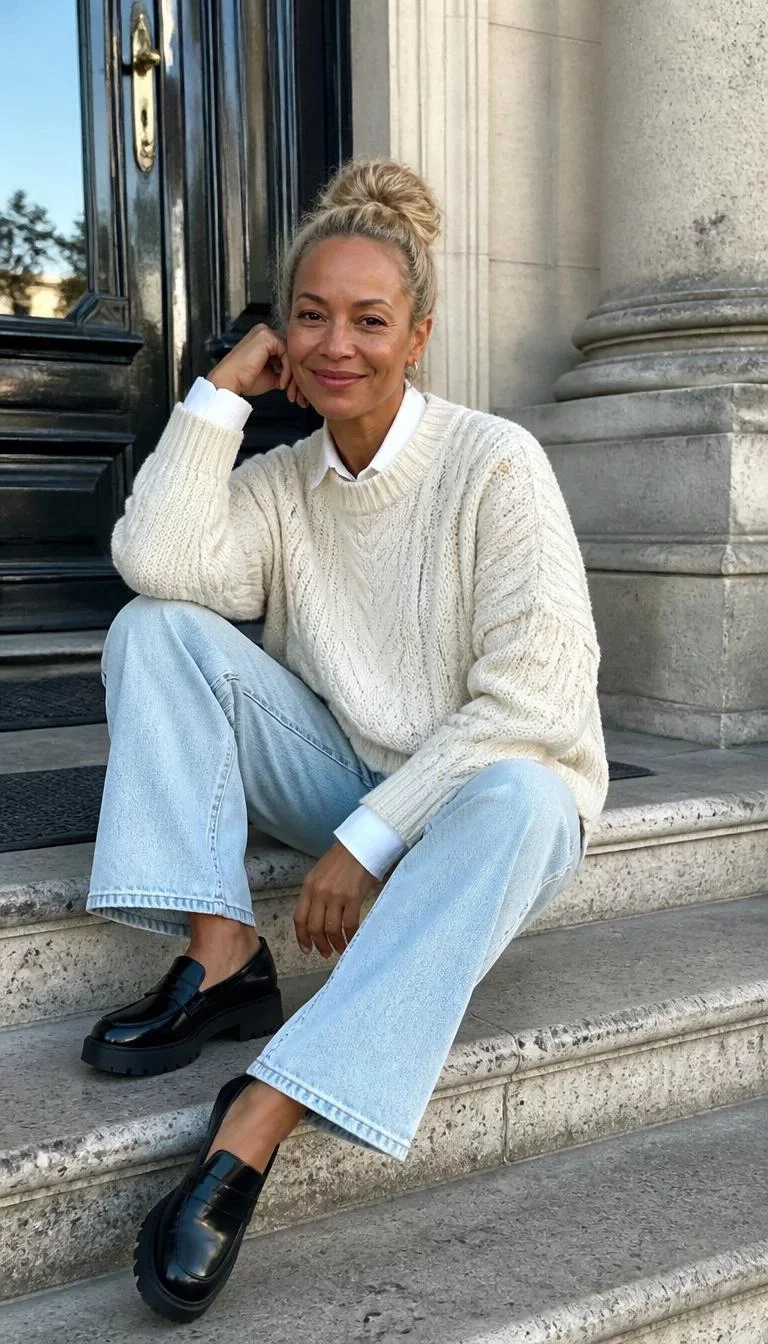 A photorealistic full body shot of a 48-year-old Afro-Caribbean woman with a square face, olive, button nose, thin arched eyebrows, and full lips. Her face features dimples, light freckles, and subtle natural facial asymmetry. She has upturned brown eyes, rounded cheeks, broad smile, confident. She is slim with blonde hair styled in a messy bun hair and is wearing an oversized cream cable-knit sweater, collared shirt, light-wash jeans, and chunky black loafers, sitting outdoors, no people in the background, high-quality mobile photography, shot on an iPhone 14.