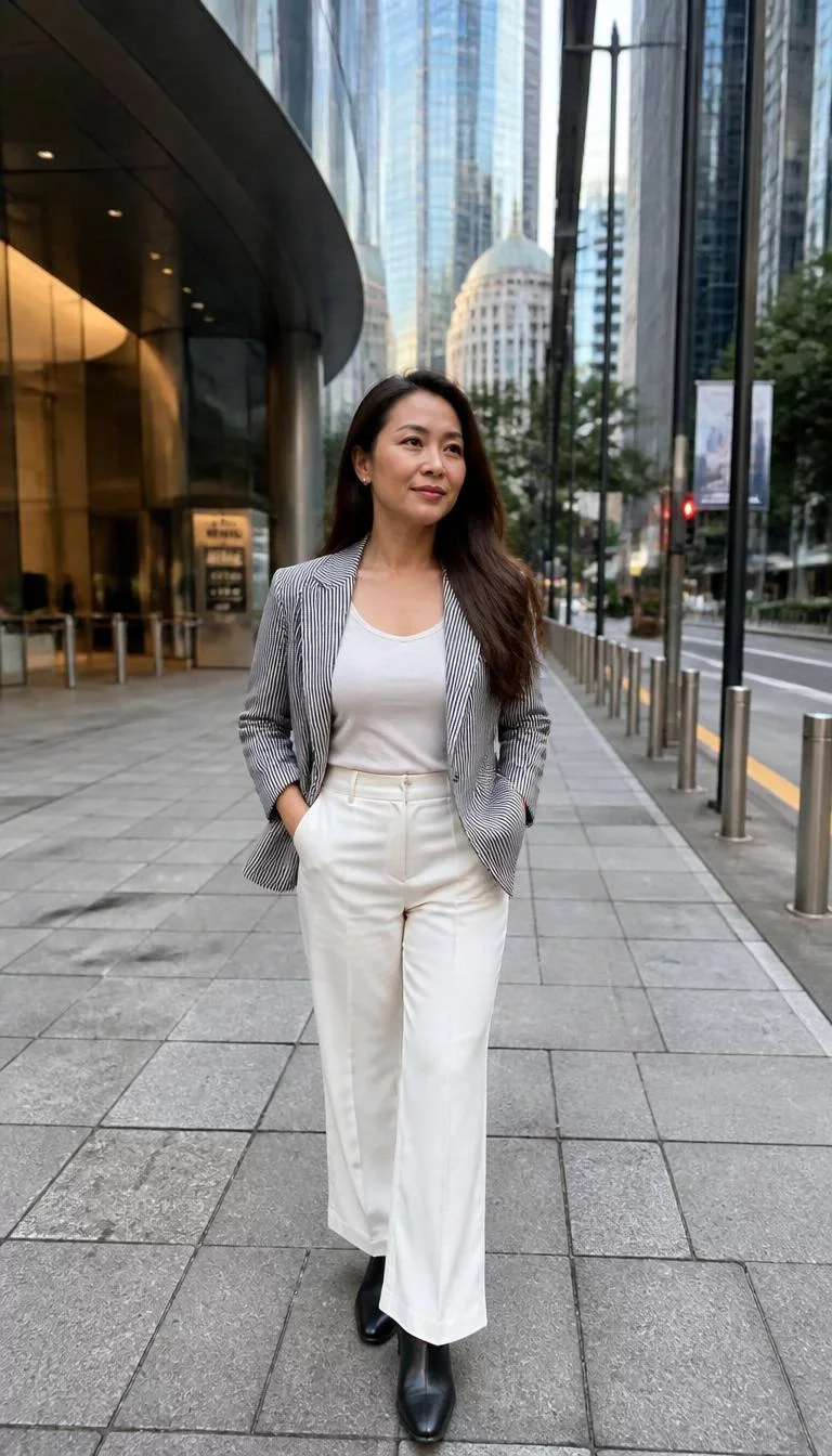 A photorealistic full body shot of a 40-year-old Southeast Asian woman with a oblong face, fair, upturned nose, thick natural eyebrows, and wide lips. Her face features slightly crooked smile, slightly flushed cheeks, and subtle natural facial asymmetry. She has deep-set gray eyes, rounded cheeks, closed-mouth smile, thoughtful. She is petite with long brown hair hair and is wearing a gray and white striped blazer, white top, white trousers, and black ankle boots, outdoors in a busy city, no people in the background, high-quality mobile photography, shot on an iPhone 14.