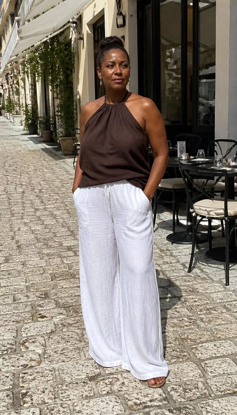 Dark Brown Halter Top And White Trousers A photorealistic full body shot of a 47-year-old Afro-Caribbean woman with a square face, deep brown, rounded nose, softly curved eyebrows, and full lips. Her face features slightly crooked smile, a few laugh lines, and subtle natural facial asymmetry. She has monolid brown eyes, soft cheekbones, neutral expression, thoughtful. She is athletic build with brown hair in a bun and is wearing a dark brown halter top and white wide-leg trousers, standing on a sunny cobblestone path beside an outdoor café, no people in the background, high-quality mobile photography, shot on an iPhone 14.