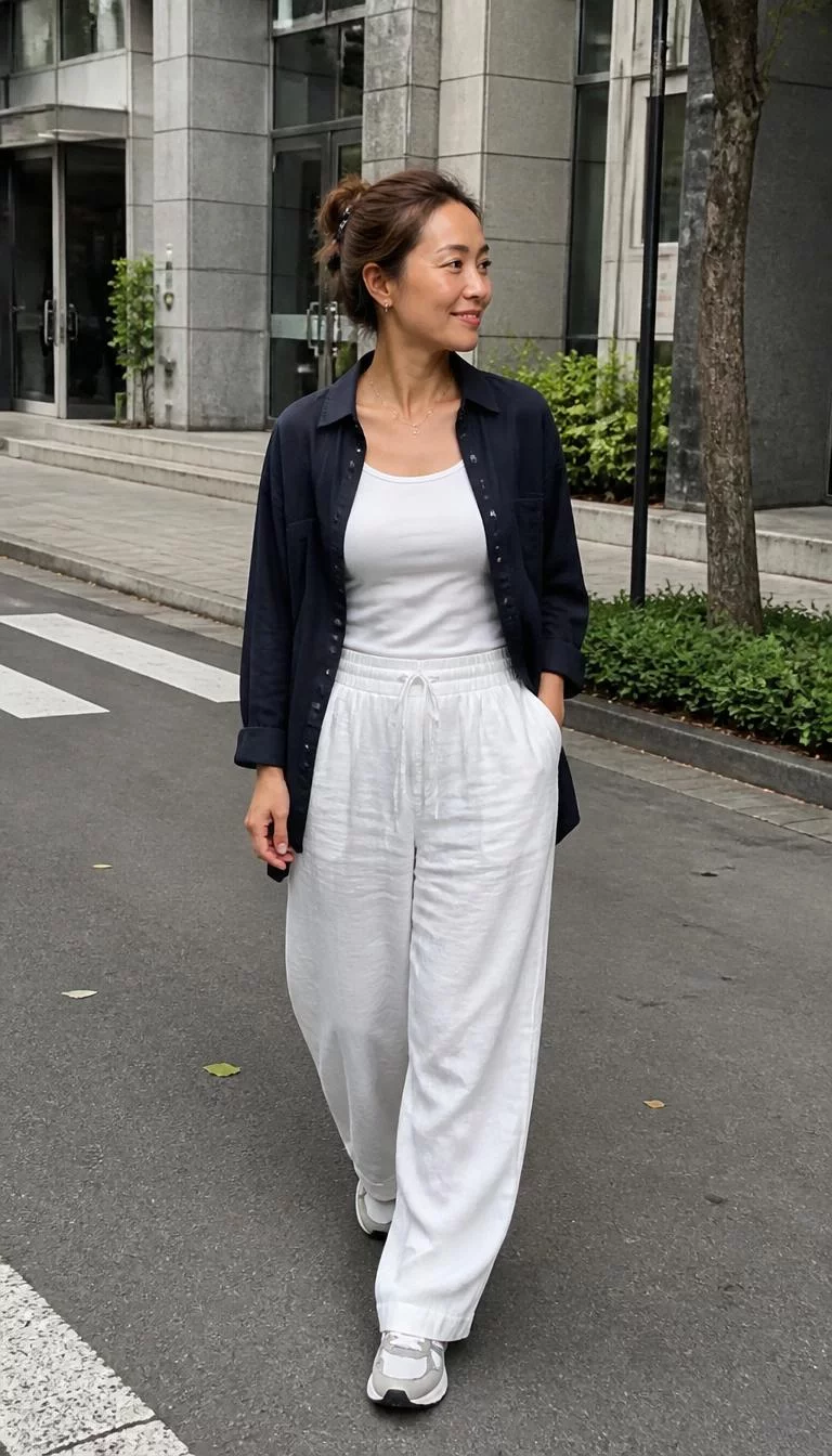 Navy Button-Up Shirt And White Linen Trousers A photorealistic full body shot of a 39-year-old Southeast Asian woman with a diamond face, fair, button nose, straight eyebrows, and heart-shaped lips. Her face features uneven eyebrows, slightly flushed cheeks, and subtle natural facial asymmetry. She has monolid gray eyes, pronounced cheekbones, subtle smile, cheerful. She is athletic build with brown hair tied in a black claw clip and is wearing a white tank, navy button-up shirt, white linen trousers, and sneakers, walking in a city setting, no people in the background, high-quality mobile photography, shot on an iPhone 14.