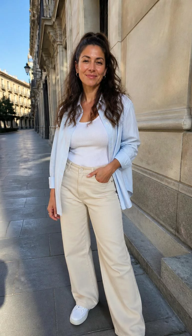 Ribbed Tank And Beige Wide-Leg Jeans A photorealistic full body shot of a 36-year-old Mediterranean woman with a round face, deep brown, straight nose, thick natural eyebrows, and heart-shaped lips. Her face features small scar on the eyebrow, slightly flushed cheeks, and subtle natural facial asymmetry. She has almond-shaped amber eyes, pronounced cheekbones, closed-mouth smile, confident. She is slim with wavy brown hair in a half-up style and is wearing a white ribbed tank under a light blue button-down, beige wide-leg jeans, and white sneakers in a sunny city area, no people in the background, high-quality mobile photography, shot on an iPhone 14.