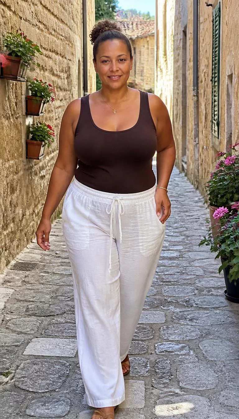 Dark Brown Tank And Flowing Linen Trousers A photorealistic full body shot of a 38-year-old Afro-Caribbean woman with a round face, tan, rounded nose, thin arched eyebrows, and full lips. Her face features faint freckles across the nose, light freckles, and subtle natural facial asymmetry. She has almond-shaped blue eyes, rounded cheeks, closed-mouth smile, cheerful. She is curvy build with brown hair in a bun and is wearing a dark brown tank top and flowing white linen trousers while walking through a narrow, sunlit stone alleyway with flower pots, no people in the background, high-quality mobile photography, shot on an iPhone 14.