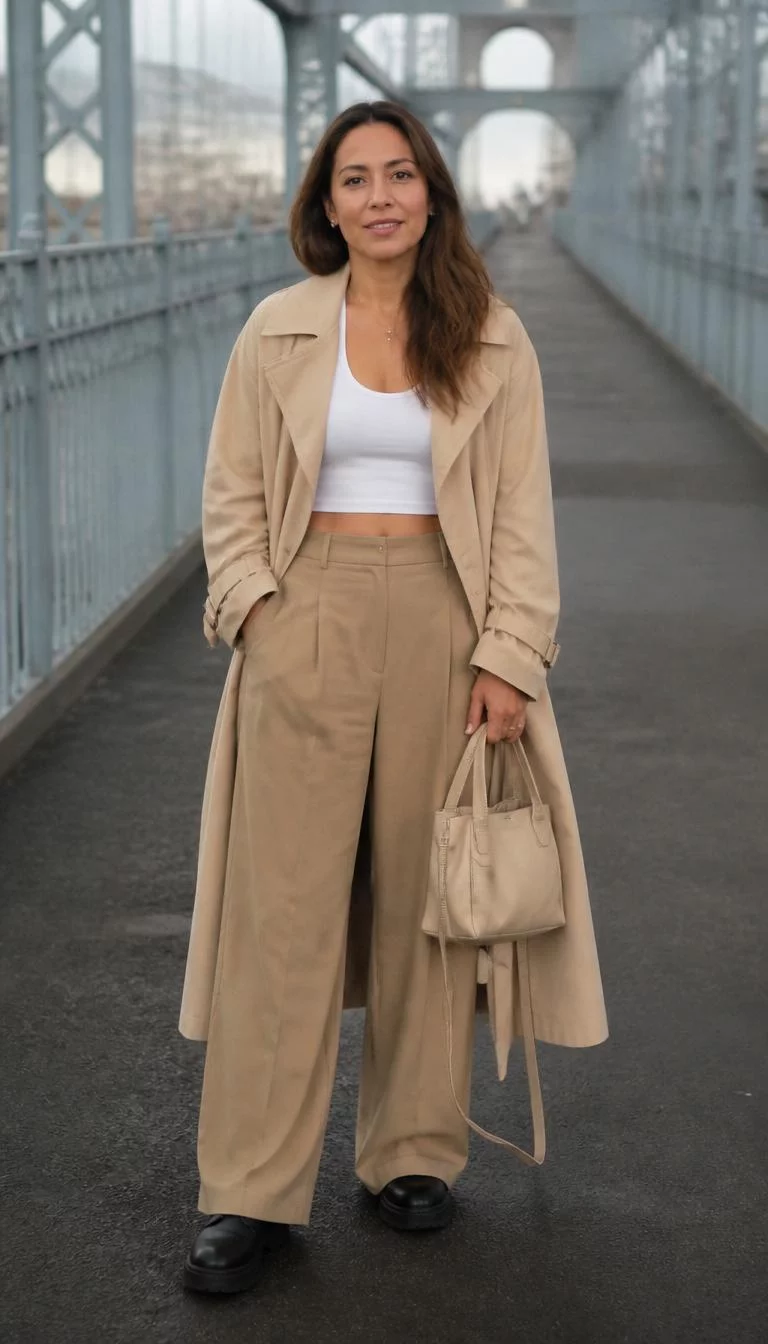 Tan Trousers And Oversized Trench Coat A photorealistic full body shot of a 48-year-old Latina woman with a oblong face, fair, straight nose, straight eyebrows, and heart-shaped lips. Her face features gap between front teeth, light freckles, and subtle natural facial asymmetry. She has upturned brown eyes, rounded cheeks, subtle smile, thoughtful. She is petite with loose brown hair and is wearing a white crop top and tan trousers with an oversized beige trench coat, matching bag, and black boots on a city bridge, no people in the background, high-quality mobile photography, shot on an iPhone 14.