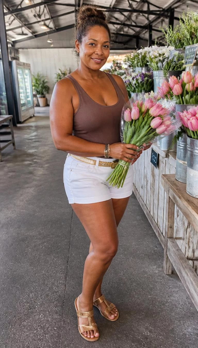 Brown Tank Top And White Shorts With Gold Belt A photorealistic full body shot of a 45-year-old Black African woman with a oblong face, dark brown, broad nose, straight eyebrows, and heart-shaped lips. Her face features dimples, light freckles, and subtle natural facial asymmetry. She has almond-shaped gray eyes, pronounced cheekbones, broad smile, playful. She is curvy build with brown hair in a messy bun and is wearing a brown tank top and white shorts with a gold belt, holding a bouquet of pink tulips at a market, no people in the background, high-quality mobile photography, shot on an iPhone 14.