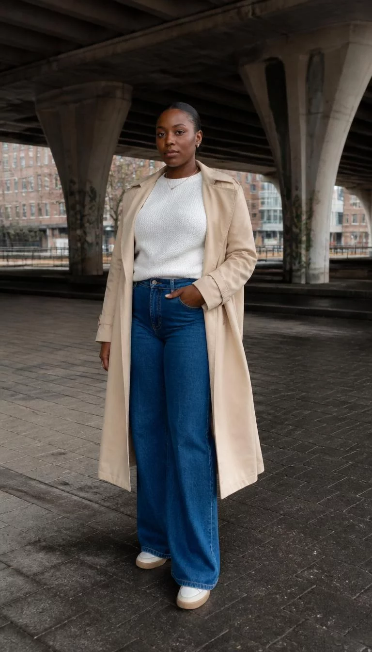 Beige Trench Coat And White Sweater A photorealistic full body shot of a 32-year-old Black African woman with a square face, olive, broad nose, straight eyebrows, and heart-shaped lips. Her face features small scar on the eyebrow, visible pores, and subtle natural facial asymmetry. She has deep-set amber eyes, soft cheekbones, subtle smile, confident. She is athletic build with dark brown hair in a low bun and is wearing a beige trench coat, white sweater, and wide-leg blue jeans, standing under a bridge in a city environment, no people in the background, high-quality mobile photography, shot on an iPhone 14.