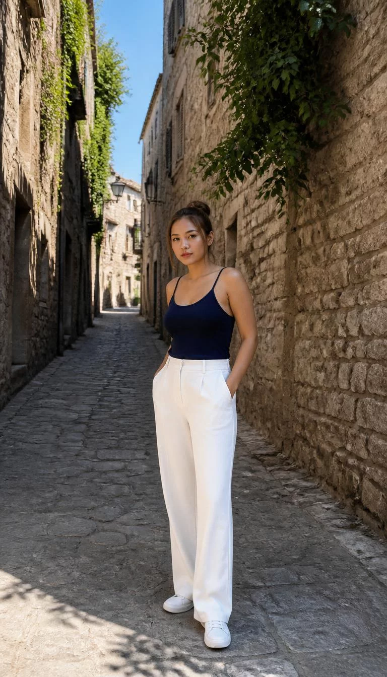 Dark Blue Tank And White Trousers A photorealistic full body shot of a 27-year-old Southeast Asian woman with a oval face, dark brown, narrow nose, thick natural eyebrows, and thin lips. Her face features beauty mark near the lip, slightly flushed cheeks, and subtle natural facial asymmetry. She has upturned hazel eyes, pronounced cheekbones, neutral expression, thoughtful. She is slim with brown hair in a bun and is wearing a dark blue tank top and white trousers, standing in a sun-drenched European city alleyway with stone walls and vines, no people in the background, high-quality mobile photography, shot on an iPhone 14.