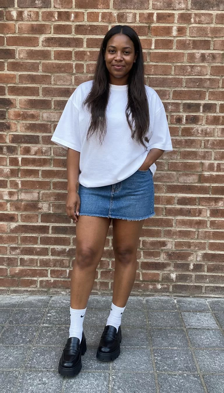 Oversized T-Shirt And Denim Mini Skirt A photorealistic full body shot of a 35-year-old Black African woman with a square face, deep brown, button nose, softly curved eyebrows, and thin lips. Her face features widow's peak hairline, a few laugh lines, and subtle natural facial asymmetry. She has upturned gray eyes, rounded cheeks, subtle smile, relaxed. She is average build with long, dark brown hair and is wearing a white oversized t-shirt, a denim mini skirt, white socks, and chunky black loafers, standing against a rustic brick wall, no people in the background, high-quality mobile photography, shot on an iPhone 14.