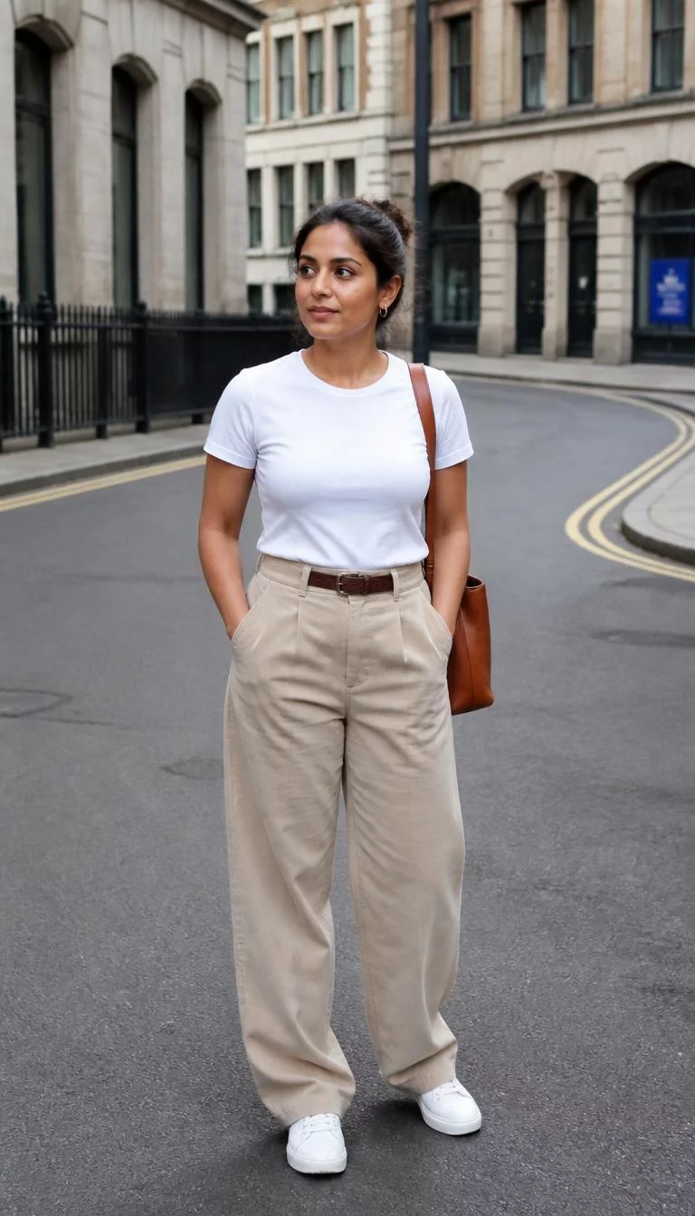 White Tee Tucked Into Beige Trousers A photorealistic full body shot of a 33-year-old South Asian woman with a round face, deep brown, upturned nose, softly curved eyebrows, and wide lips. Her face features uneven eyebrows, visible pores, and subtle natural facial asymmetry. She has deep-set brown eyes, soft cheekbones, neutral expression, confident. She is athletic build with brown hair in an updo and is wearing a white t-shirt tucked into beige trousers with a brown belt, completed by white sneakers and a brown shoulder bag on a city street, no people in the background, high-quality mobile photography, shot on an iPhone 14.