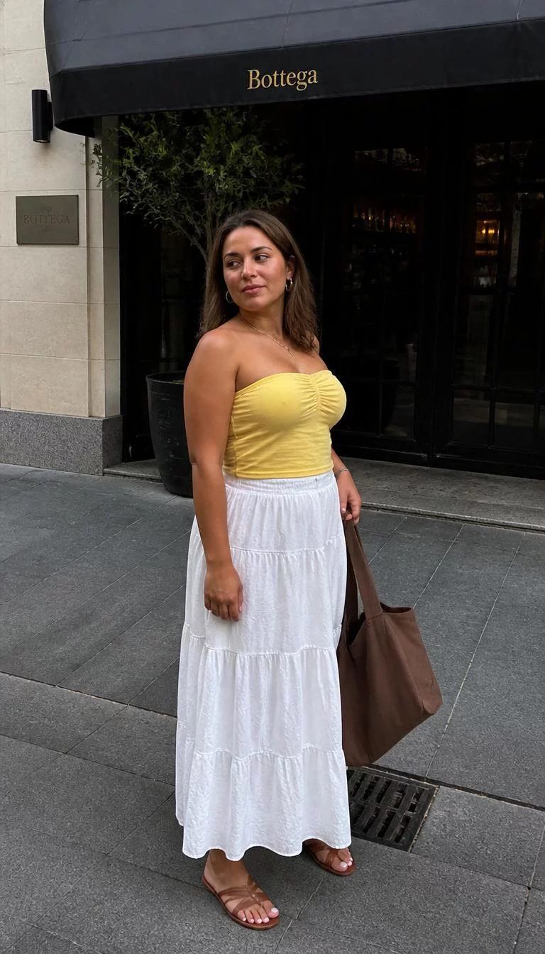 Yellow Strapless Top And White Tiered Skirt A photorealistic full body shot of a 27-year-old Mediterranean woman with a round face, golden brown, narrow nose, softly curved eyebrows, and wide lips. Her face features beauty mark near the lip, light freckles, and subtle natural facial asymmetry. She has hooded hazel eyes, rounded cheeks, subtle smile, playful. She is average build with light brown hair and is wearing a yellow strapless top and a long white tiered skirt. She holds a large brown tote bag while standing near a city restaurant facade, no people in the background, high-quality mobile photography, shot on an iPhone 14.