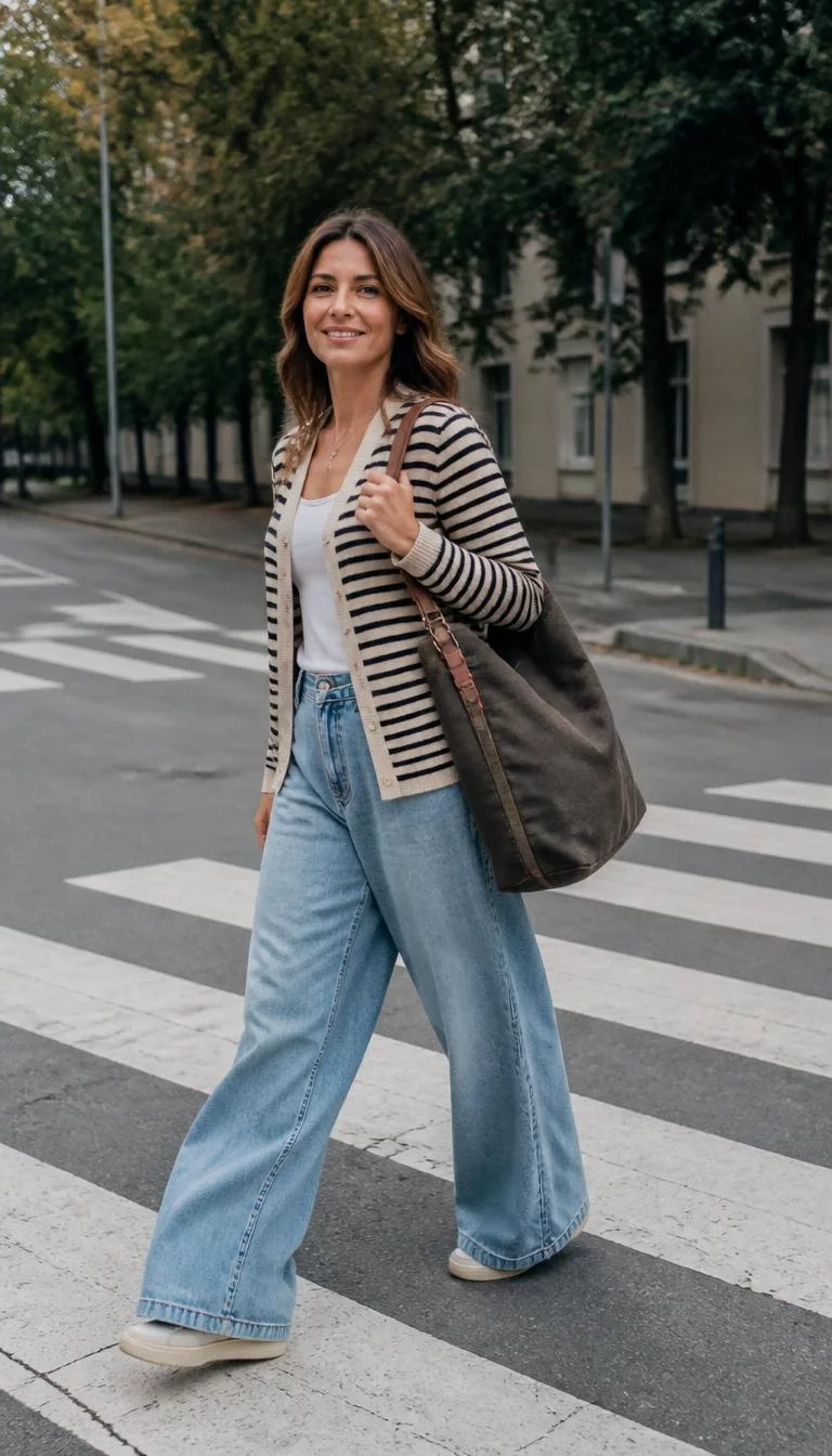 Striped Cardigan And Baggy Jeans A photorealistic full body shot of a 48-year-old Eastern European woman with a heart-shaped face, fair, straight nose, softly curved eyebrows, and thin lips. Her face features dimples, slightly flushed cheeks, and subtle natural facial asymmetry. She has deep-set blue eyes, pronounced cheekbones, broad smile, cheerful. She is slim with brown hair with highlights and is wearing a striped cardigan over a white top, baggy jeans, and a large travel bag, walking across a city crosswalk near green trees, no people in the background, high-quality mobile photography, shot on an iPhone 14.