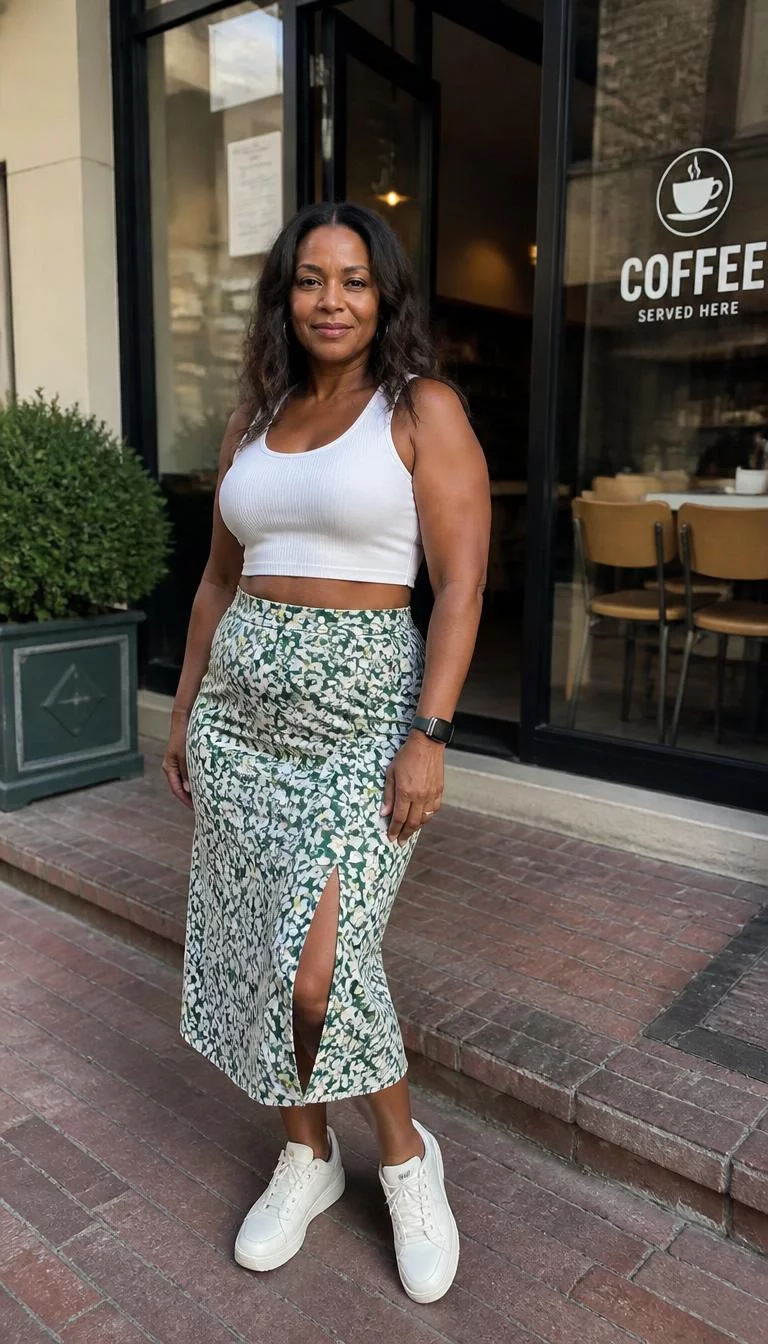 White Crop Top And Green Floral Midi Skirt A photorealistic full body shot of a 48-year-old Black African woman with a oval face, olive, aquiline nose, straight eyebrows, and wide lips. Her face features widow's peak hairline, slightly flushed cheeks, and subtle natural facial asymmetry. She has round brown eyes, pronounced cheekbones, neutral expression, playful. She is curvy build with dark brown wavy hair and is wearing a white crop top, a green floral midi skirt with a leg slit, and white sneakers, standing outside a coffee shop, no people in the background, high-quality mobile photography, shot on an iPhone 14.
