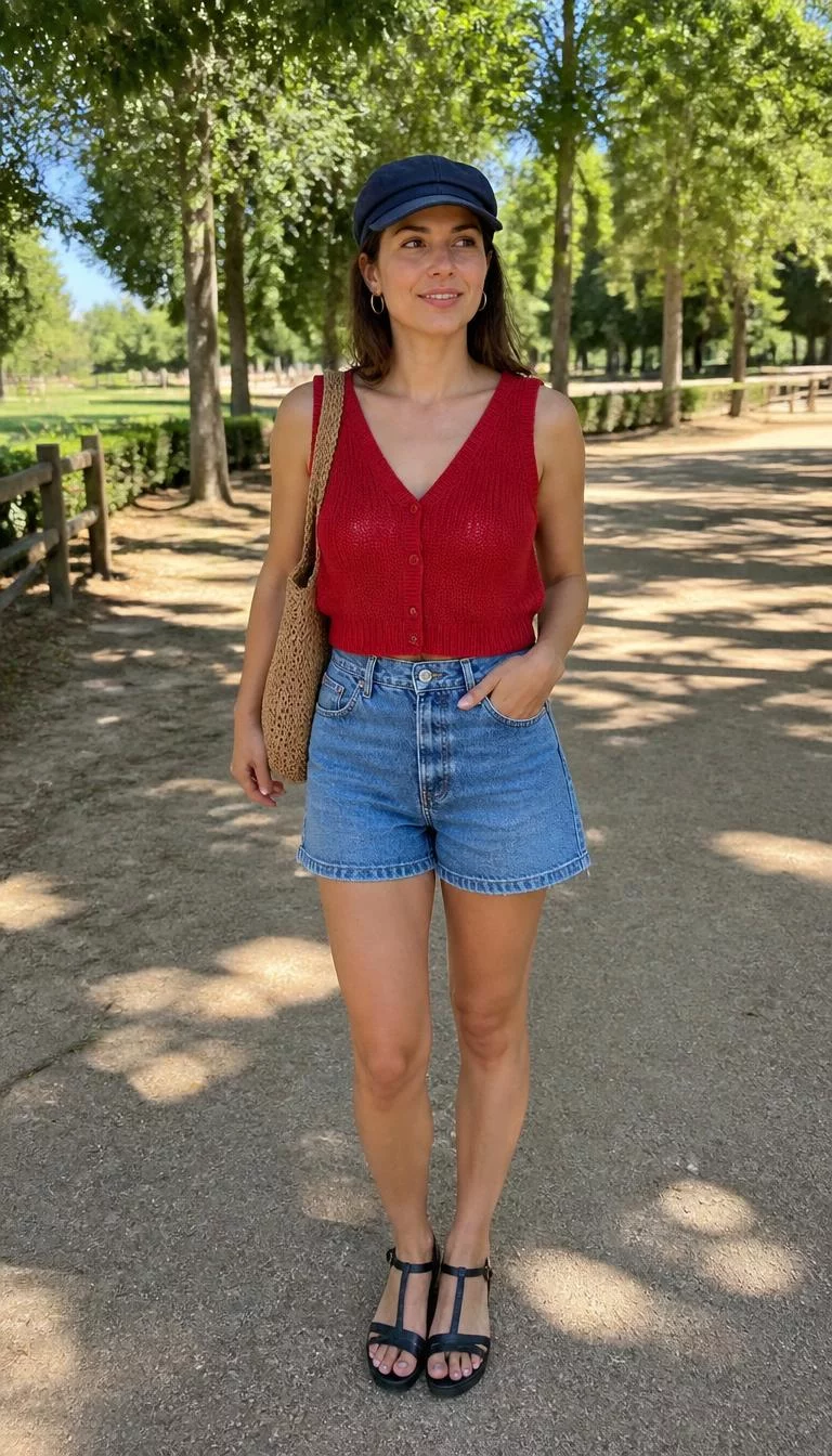 Red Knitted Vest And Denim Shorts A photorealistic full body shot of a 31-year-old Southern European woman with a square face, fair, aquiline nose, thin arched eyebrows, and thin lips. Her face features uneven eyebrows, visible pores, and subtle natural facial asymmetry. She has round dark brown eyes, high cheekbones, subtle smile, cheerful. She is petite with brown hair and is wearing a navy blue corduroy cap, gold hoop earrings, a red knitted vest top, blue denim shorts, and black sandals. She carries a woven tote bag, set in a sunny park, no people in the background, high-quality mobile photography, shot on an iPhone 14.