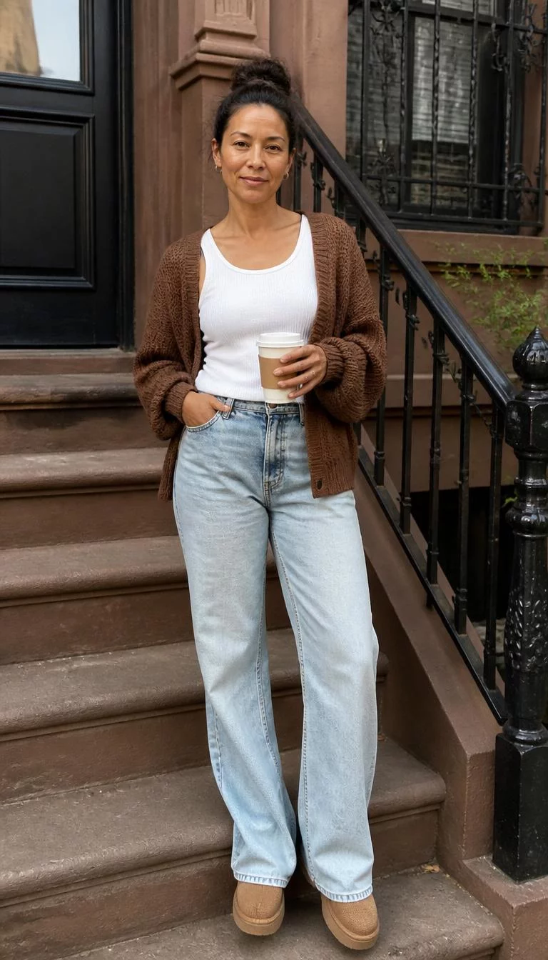 Brown Knitted Sweater And Ribbed Tank A photorealistic full body shot of a 49-year-old Mixed-race woman with a pear-shaped face, olive, broad nose, softly curved eyebrows, and wide lips. Her face features uneven eyebrows, faint under-eye shadows, and subtle natural facial asymmetry. She has monolid hazel eyes, pronounced cheekbones, neutral expression, cheerful. She is slim with brunette hair in a bun and is wearing a white ribbed tank top under a brown knitted sweater and light-wash jeans, standing on city steps while holding coffee, no people in the background, high-quality mobile photography, shot on an iPhone 14.