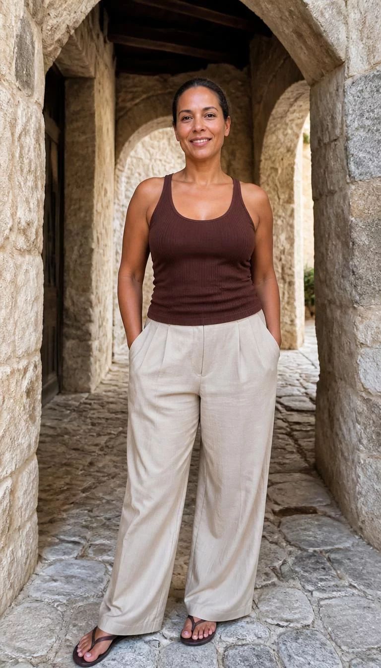 Ribbed Chocolate Tank Top And Light Wide Leg Trousers A photorealistic full body shot of a 48-year-old Mixed-race woman with a square face, deep brown, broad nose, thick natural eyebrows, and thin lips. Her face features gap between front teeth, slightly flushed cheeks, and subtle natural facial asymmetry. She has round dark brown eyes, rounded cheeks, subtle smile, cheerful. She is athletic build with dark-haired hair in a low bun hair and is wearing a chocolate brown ribbed tank top and light-toned wide-leg trousers, in a stone Mediterranean-style archway, no people in the background, high-quality mobile photography, shot on an iPhone 14.