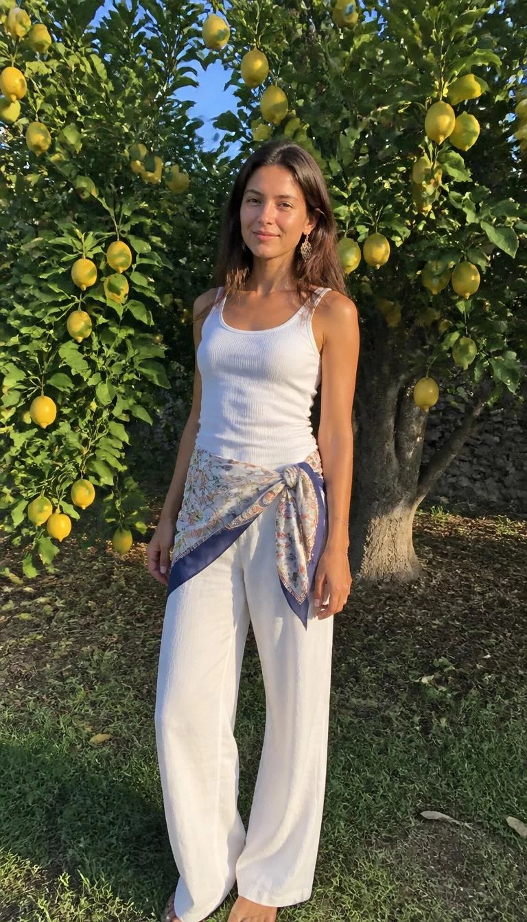 White Tank Top And Trousers With Hip Draped Neck Scarf A photorealistic full body shot of a 26-year-old Northern European woman with a oblong face, light, aquiline nose, thin arched eyebrows, and thin lips. Her face features slightly crooked smile, subtle acne marks, and subtle natural facial asymmetry. She has monolid green eyes, soft cheekbones, closed-mouth smile, playful. She is slim with dark brown wavy hair hair and is wearing a white tank top and white trousers with a patterned neck scarf draped over her hips, posing near lemon trees, no people in the background, high-quality mobile photography, shot on an iPhone 14.