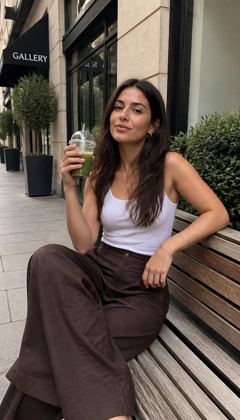 White Tank Top And Dark Brown Wide Leg Trousers A photorealistic full body shot of a 33-year-old Mediterranean woman with a oval face, light, straight nose, feathered eyebrows, and wide lips. Her face features beauty mark near the lip, visible pores, and subtle natural facial asymmetry. She has almond-shaped amber eyes, soft cheekbones, neutral expression, cheerful. She is average build with long dark brown hair hair and is wearing a simple white tank top paired with dark brown wide-leg trousers, she sits on a bench while holding a green drink, no people in the background, high-quality mobile photography, shot on an iPhone 14.