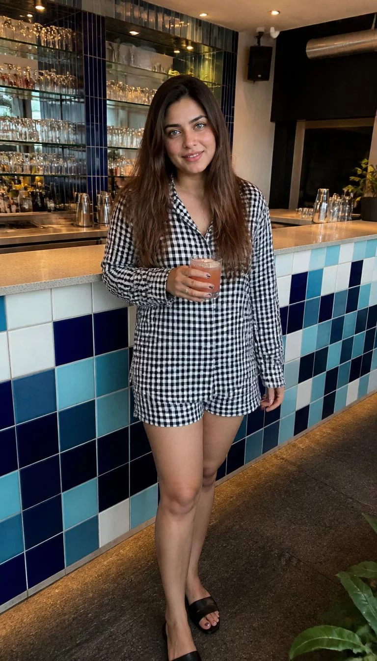 Gingham Shirt And Matching Shorts With Summer Accessories A photorealistic full body shot of a 30-year-old South Asian woman with a pear-shaped face, light, rounded nose, feathered eyebrows, and heart-shaped lips. Her face features uneven eyebrows, slightly flushed cheeks, and subtle natural facial asymmetry. She has deep-set blue eyes, high cheekbones, closed-mouth smile, playful. She is average build with long straight brown hair hair and is wearing a black-and-white gingham shirt and matching shorts, she holds a drink, by a tiled bar, no people in the background, high-quality mobile photography, shot on an iPhone 14.