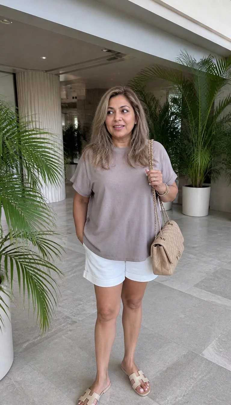 Taupe Oversized Short Sleeve Shirt And White Shorts A photorealistic full body shot of a 49-year-old South Asian woman with a oval face, tan, straight nose, softly curved eyebrows, and heart-shaped lips. Her face features gap between front teeth, slightly flushed cheeks, and subtle natural facial asymmetry. She has almond-shaped hazel eyes, pronounced cheekbones, subtle smile, thoughtful. She is average build with blonde hair with loose waves hair and is wearing a taupe-colored oversized short-sleeve shirt and white shorts, she carries a beige quilted bag, in a bright, palm-filled interior space, no people in the background, high-quality mobile photography, shot on an iPhone 14.